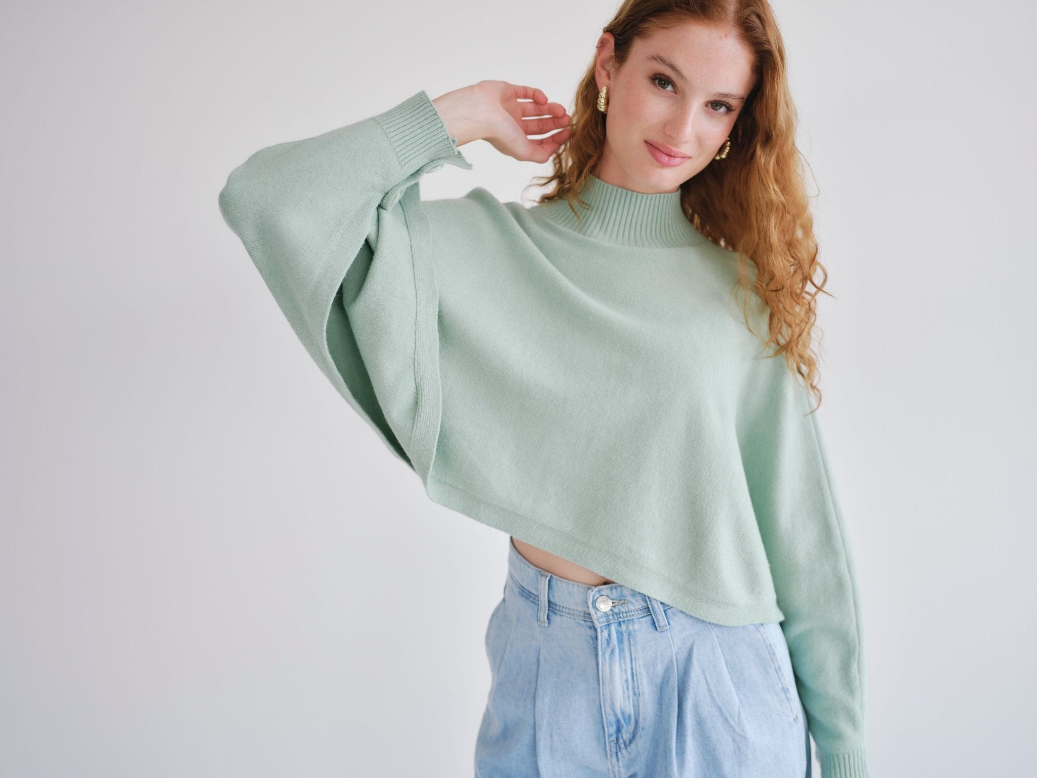 View our Italian Cropped Batwing Knit in Seafoam Green - by Tribute Store