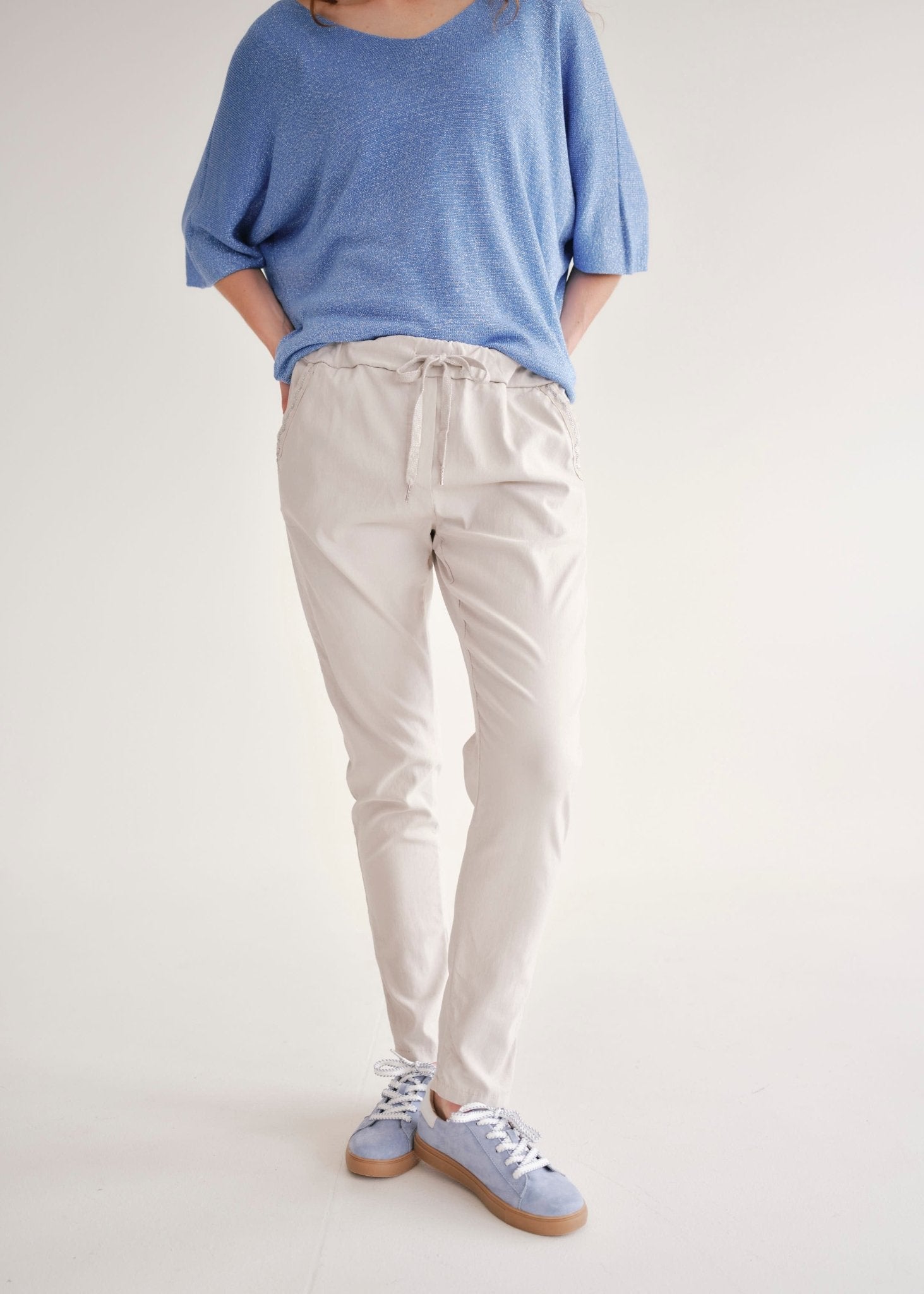 View our Italian Jogger With Silver Lining In Beige - by Tribute Store