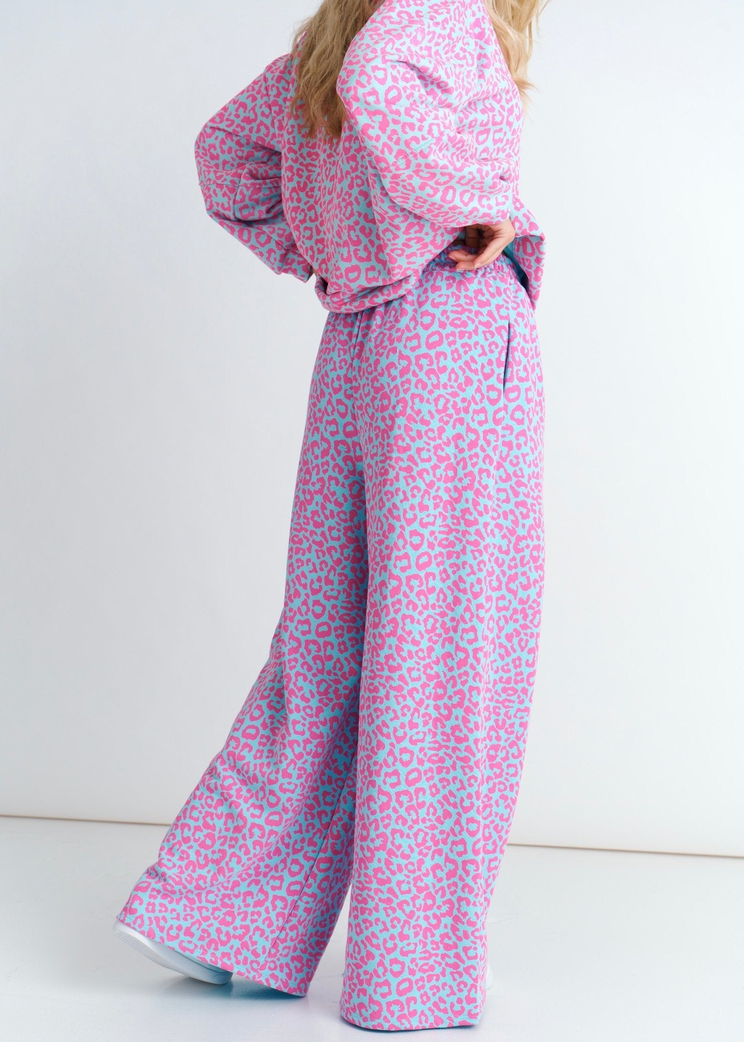 View our Italian Leopard Track Pants In Light Blue and Pink - by Tribute Store