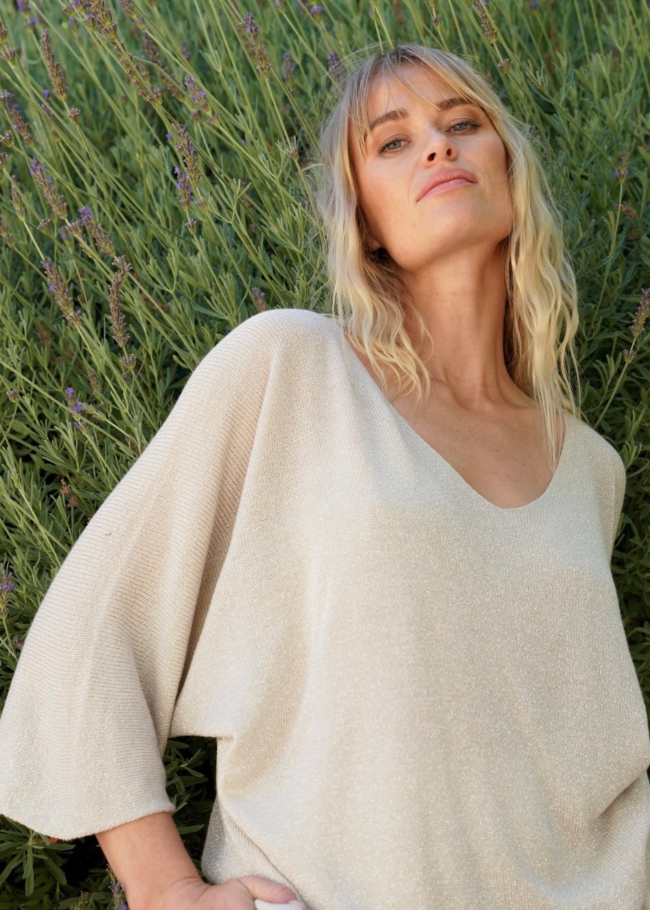 View our Italian Lurex V Neck In Cream - by Tribute Store