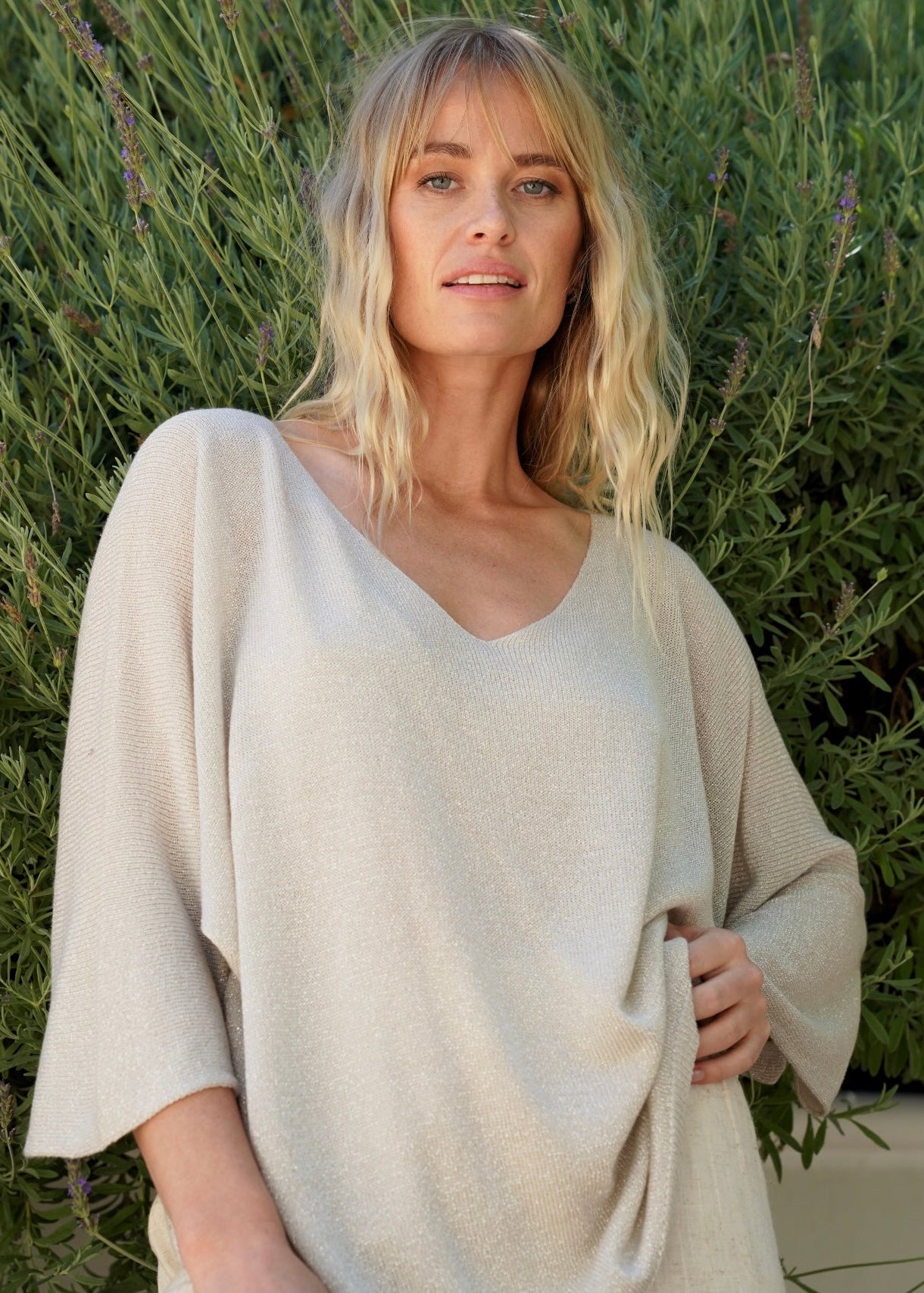 View our Italian Lurex V Neck In Cream - by Tribute Store