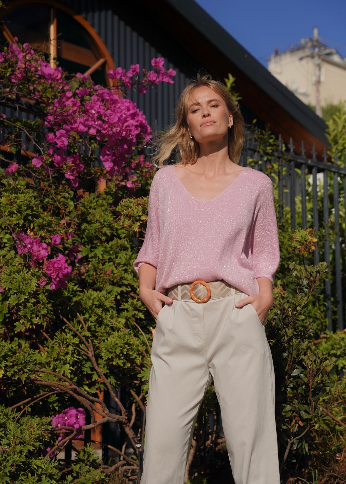 View our Italian Lurex V Neck In Rose Pink - by Tribute Store