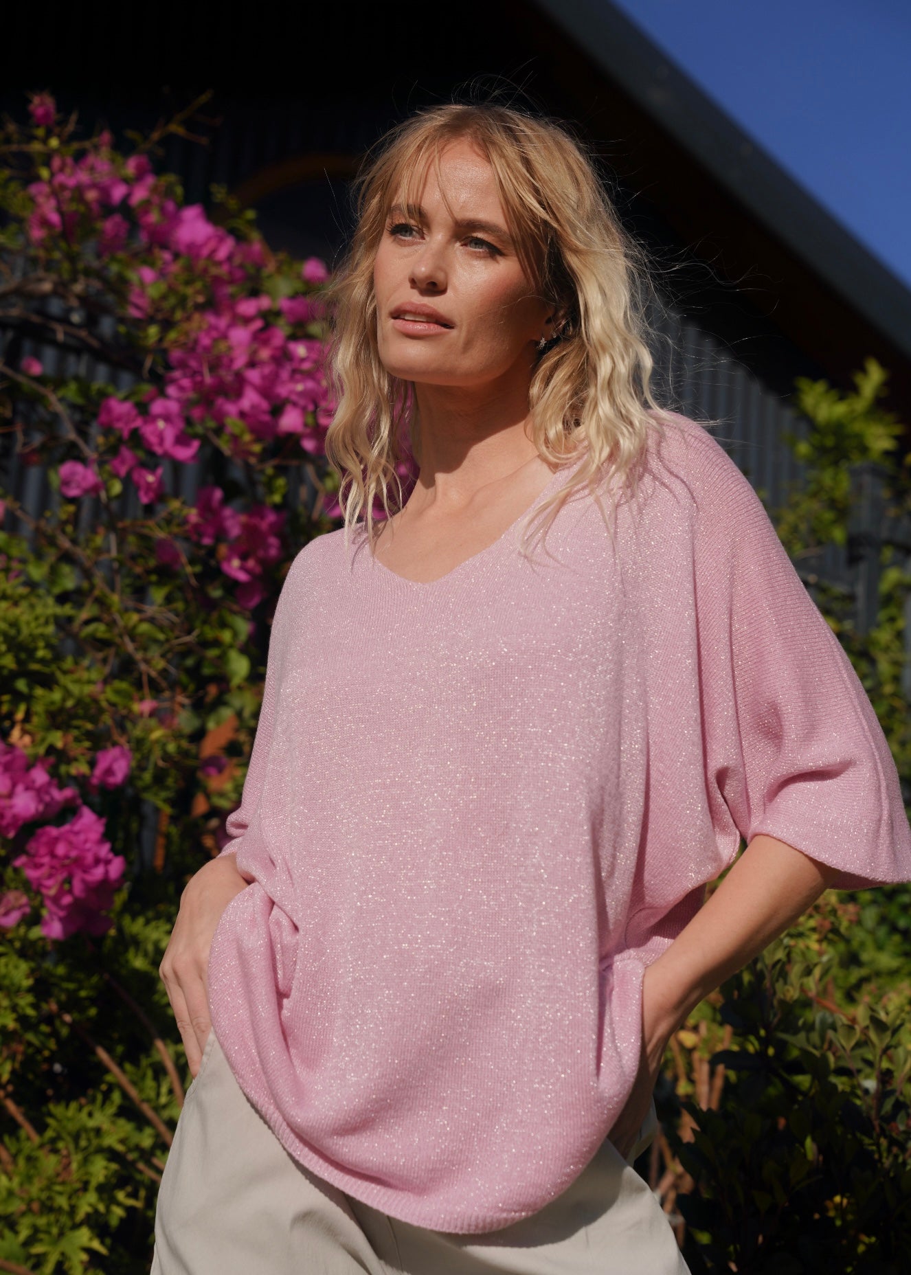 View our Italian Lurex V Neck In Rose Pink - by Tribute Store