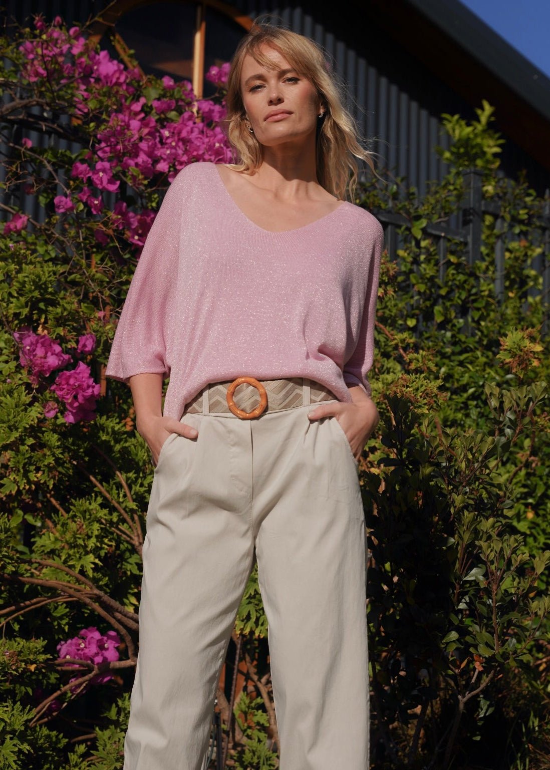 View our Italian Lurex V Neck In Rose Pink - by Tribute Store