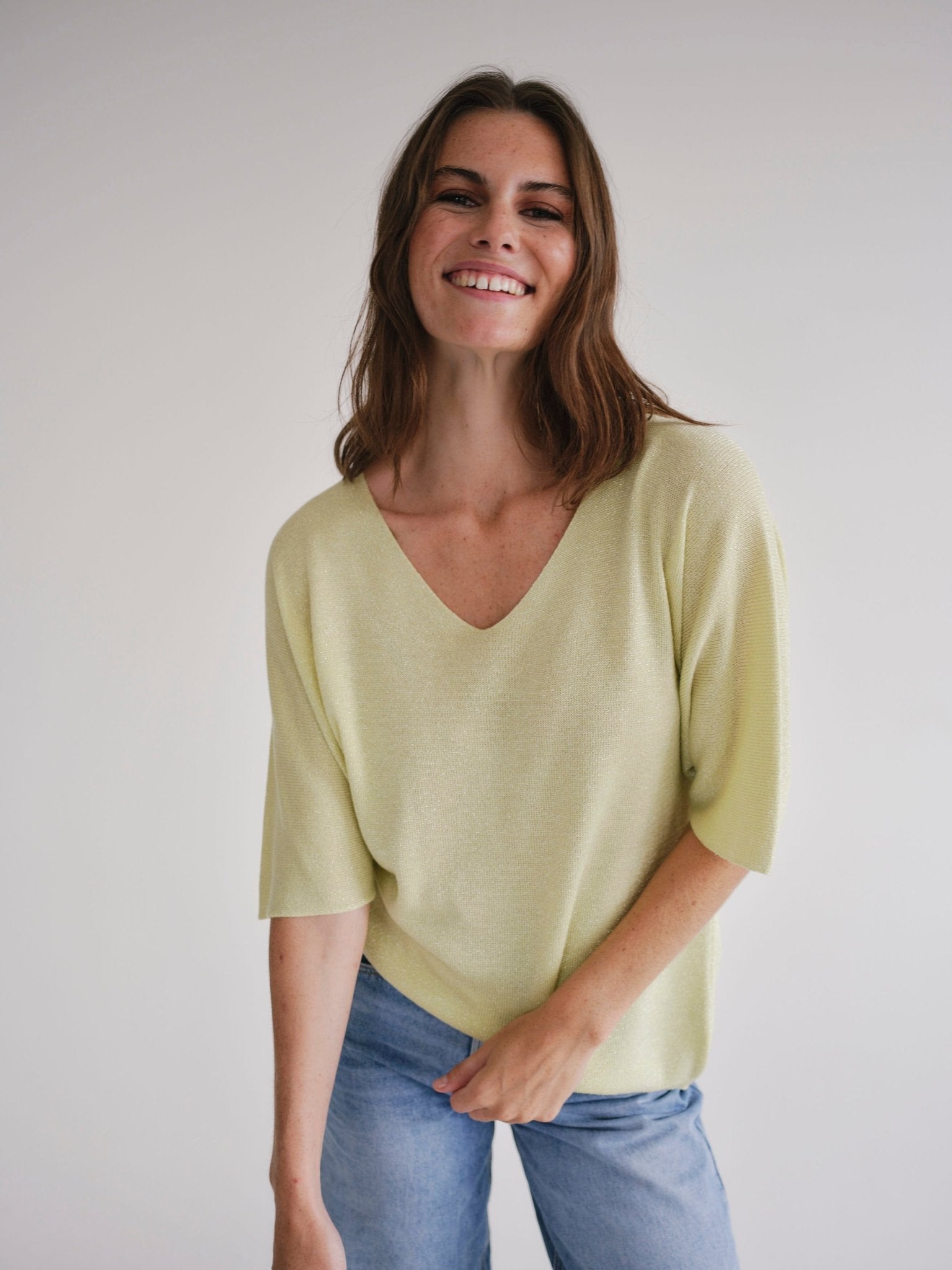 View our Italian Lurex V Neck In Yellow - by Tribute Store