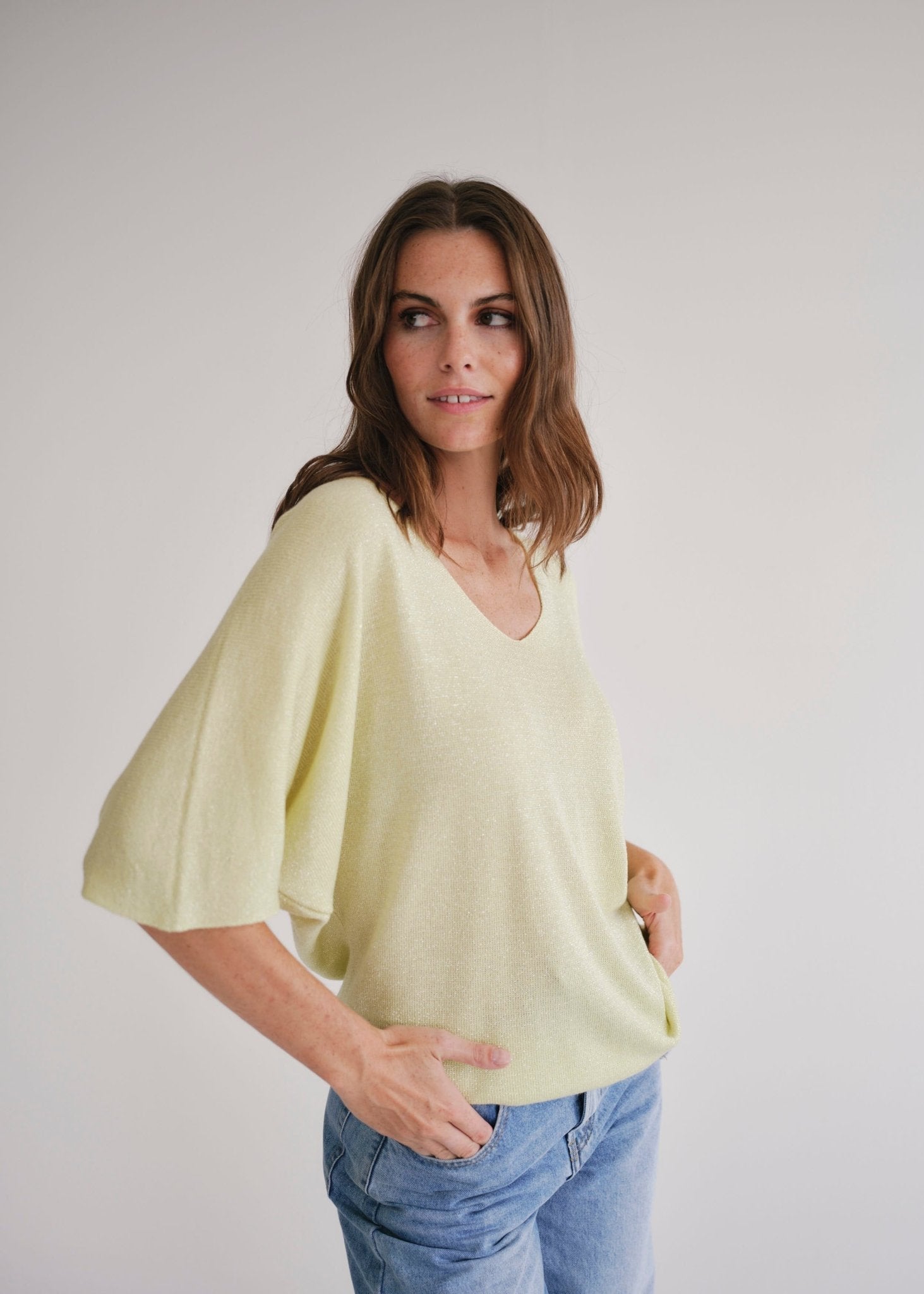 View our Italian Lurex V Neck In Yellow - by Tribute Store