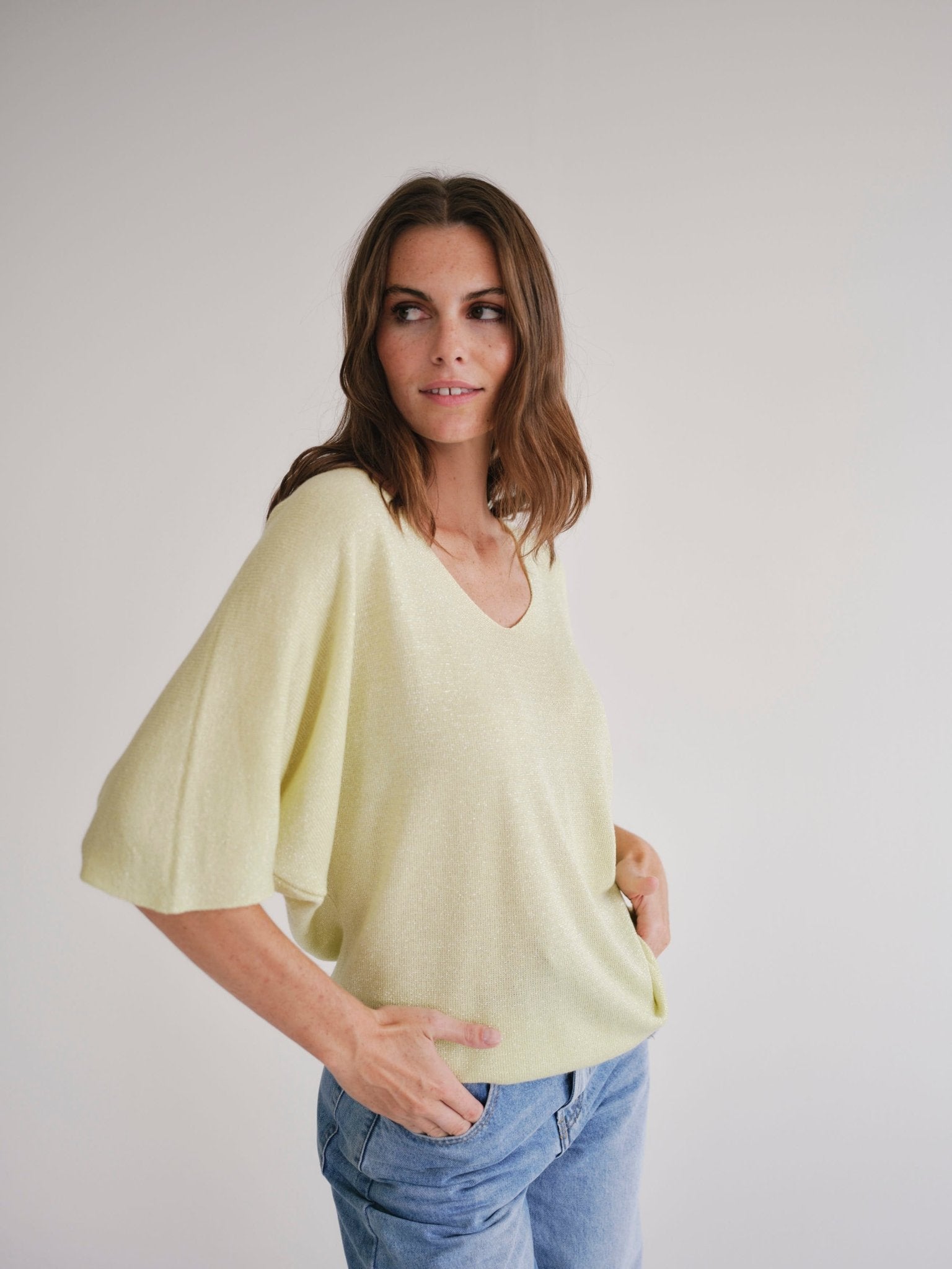 View our Italian Lurex V Neck In Yellow - by Tribute Store