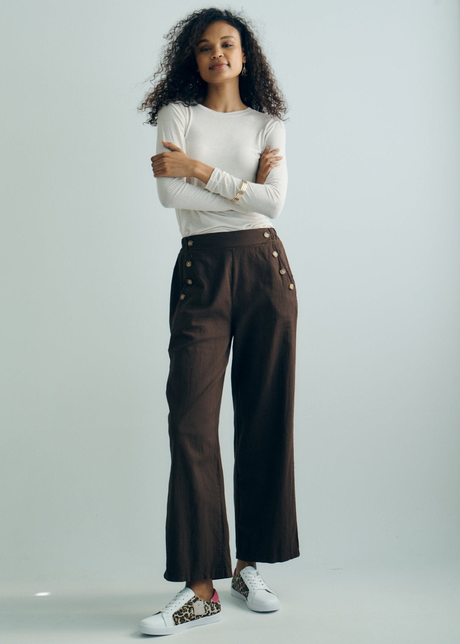 View our Italian Palazzo Pants with Front Buttons in Chocolate - by Tribute Store