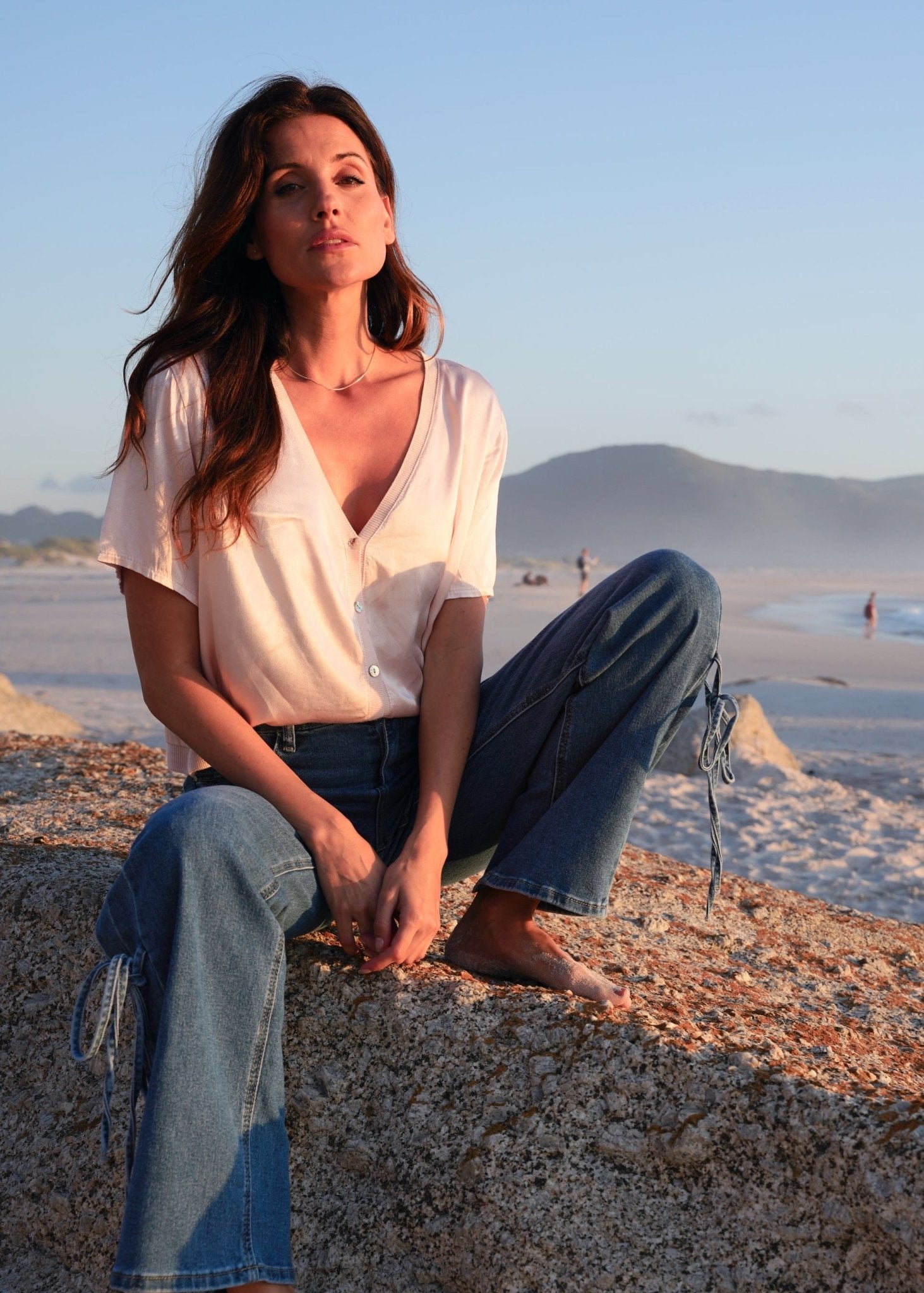 View our Italian Satin Blouse With V and front Buttons In Blush Pink - by Tribute Store