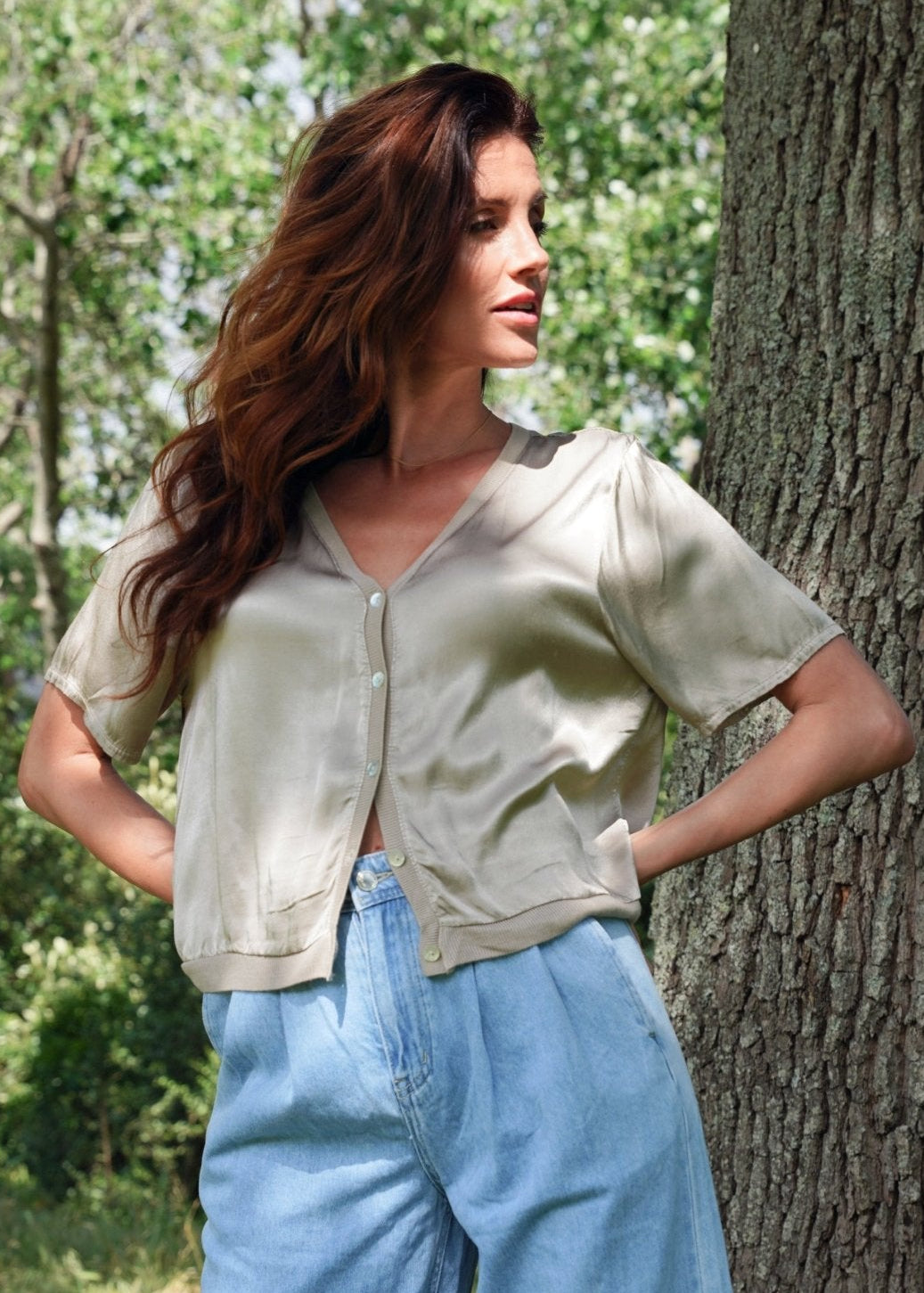 View our Italian Satin Blouse With V and front Buttons In Champagne - by Tribute Store