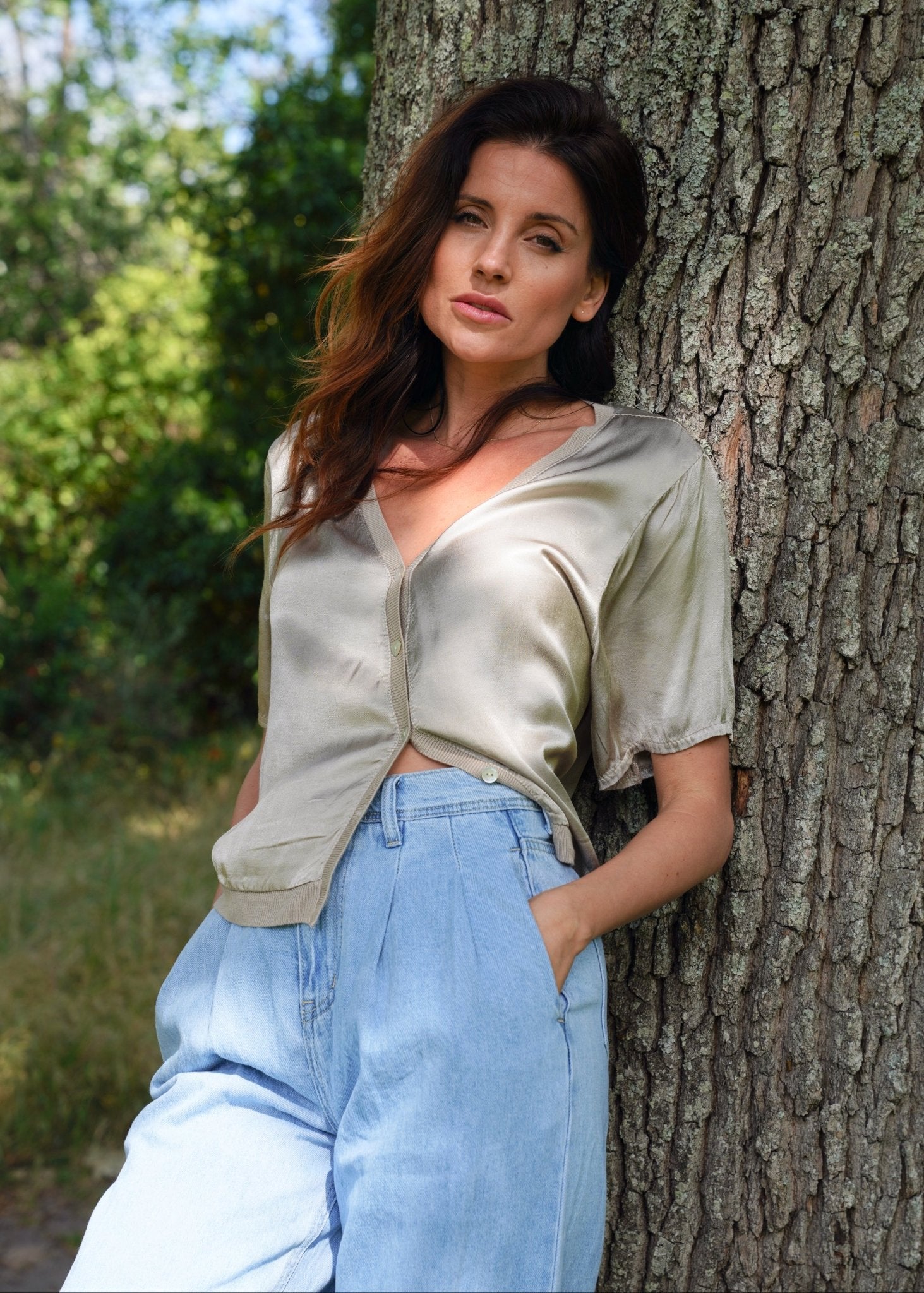 View our Italian Satin Blouse With V and front Buttons In Champagne - by Tribute Store