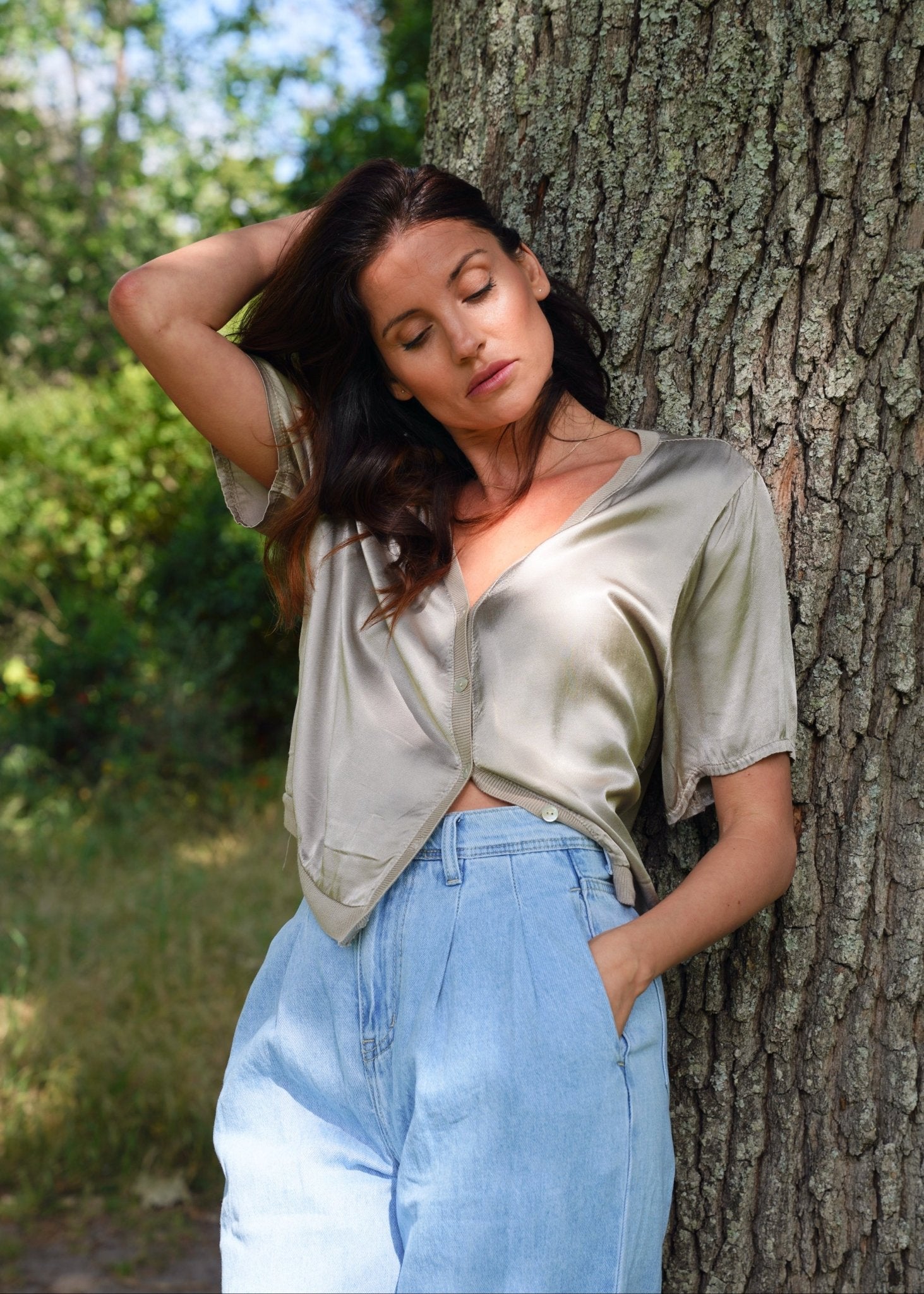 View our Italian Satin Blouse With V and front Buttons In Champagne - by Tribute Store