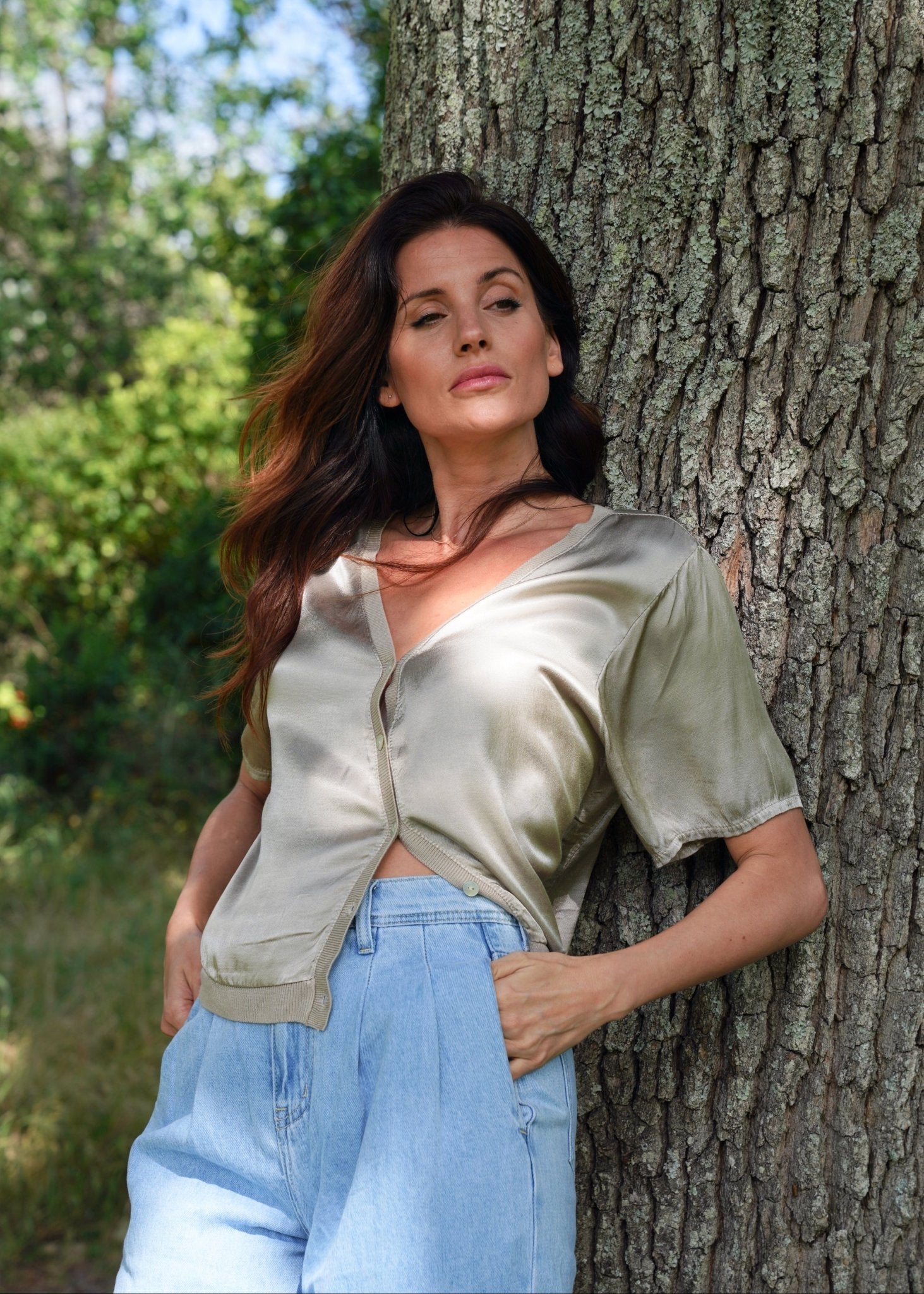 View our Italian Satin Blouse With V and front Buttons In Champagne - by Tribute Store