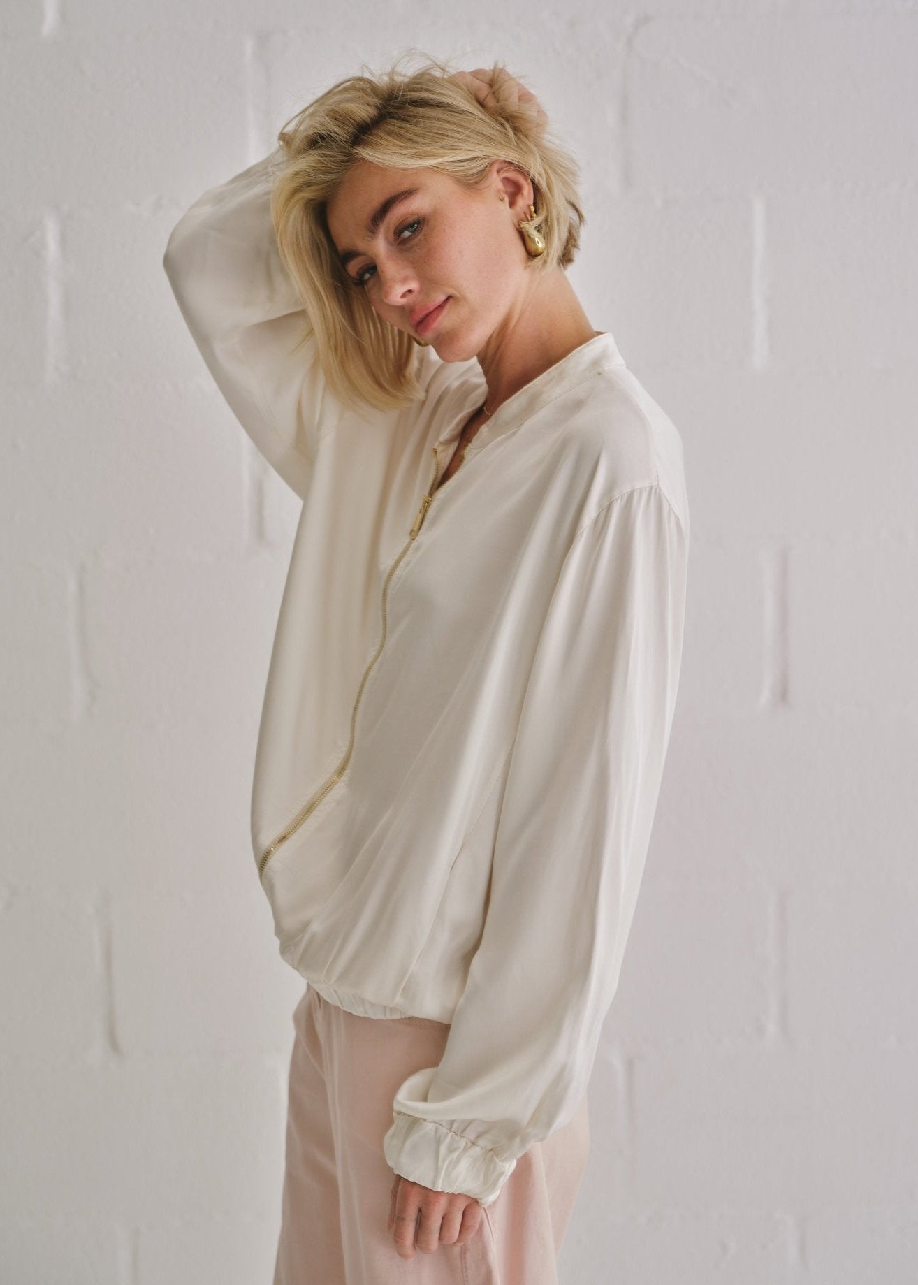 View our Italian Satin Bomber Jacket In Cream - by Tribute Store