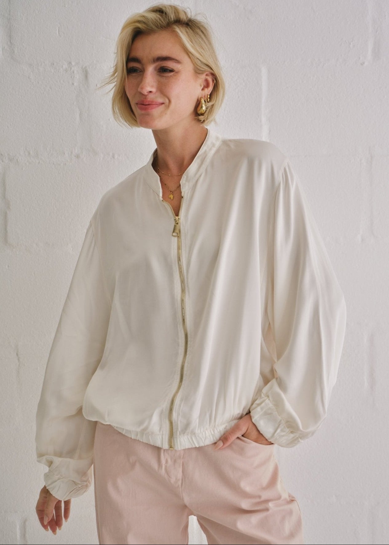 View our Italian Satin Bomber Jacket In Cream - by Tribute Store