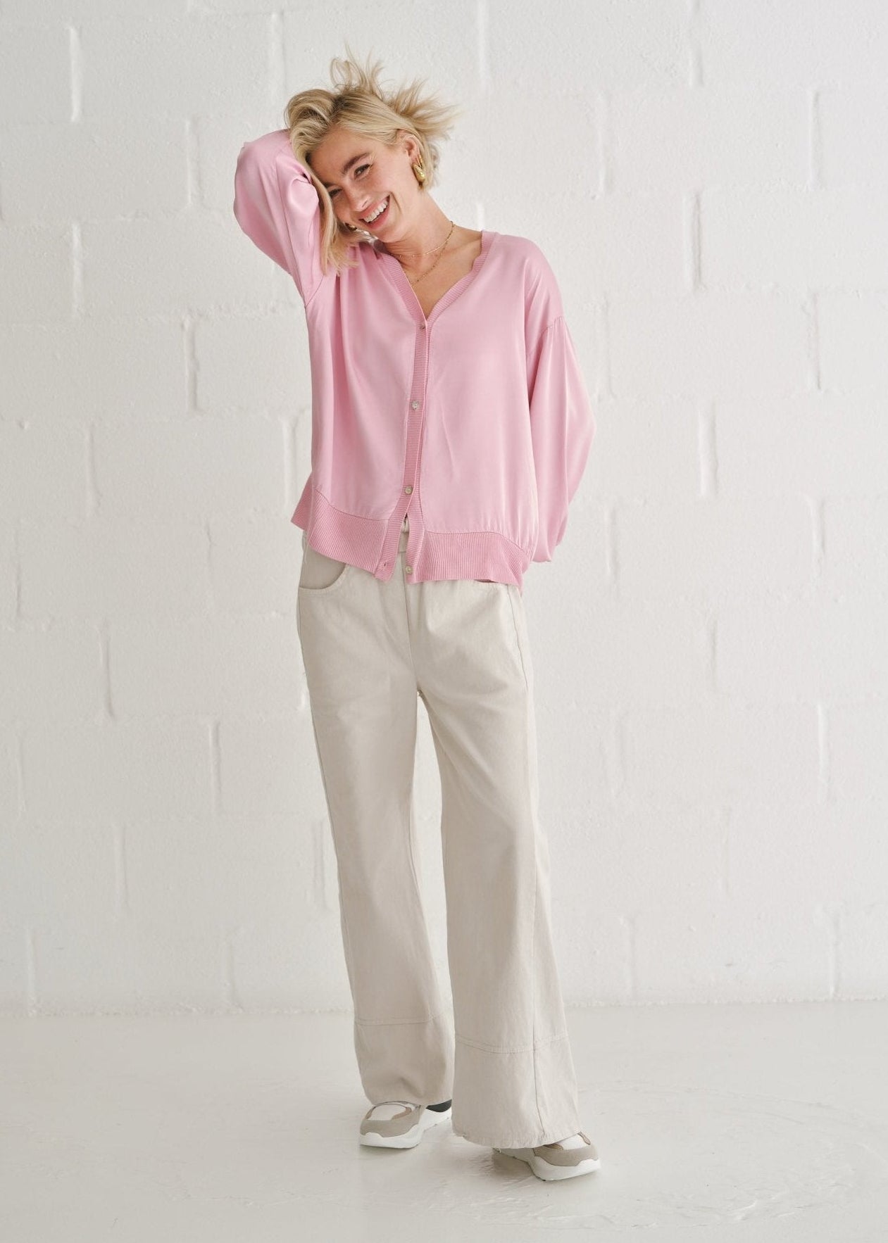 View our Italian Satin Cardigan In Baby Pink - by Tribute Store