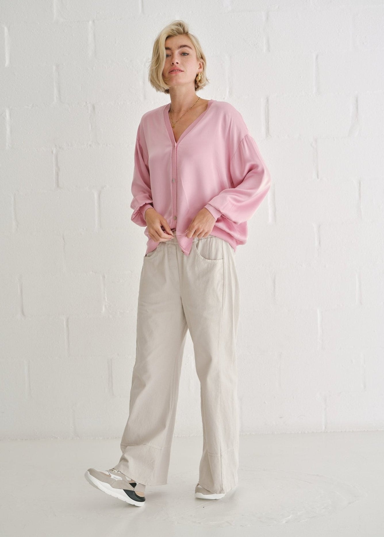 View our Italian Satin Cardigan In Baby Pink - by Tribute Store