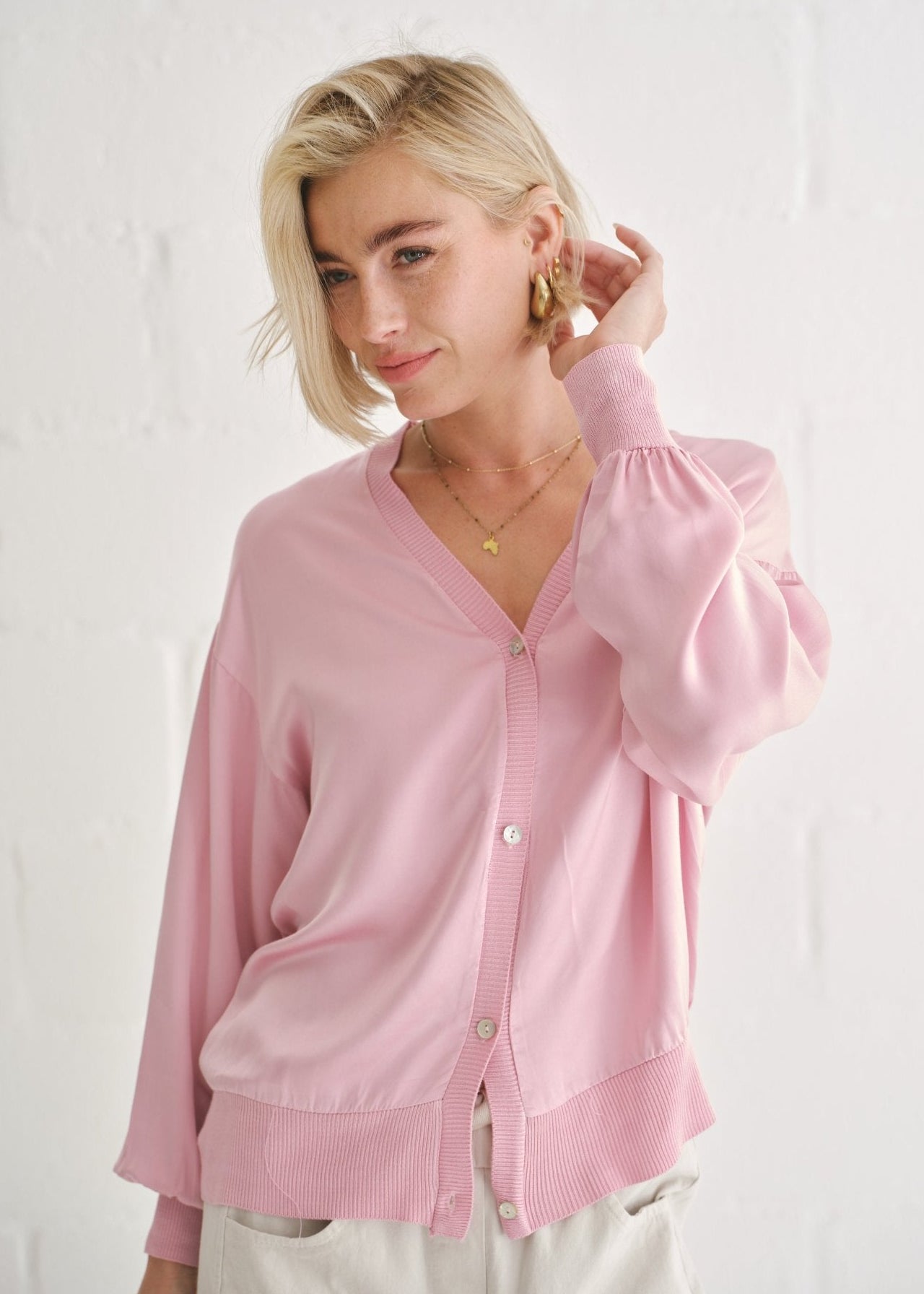View our Italian Satin Cardigan In Baby Pink - by Tribute Store