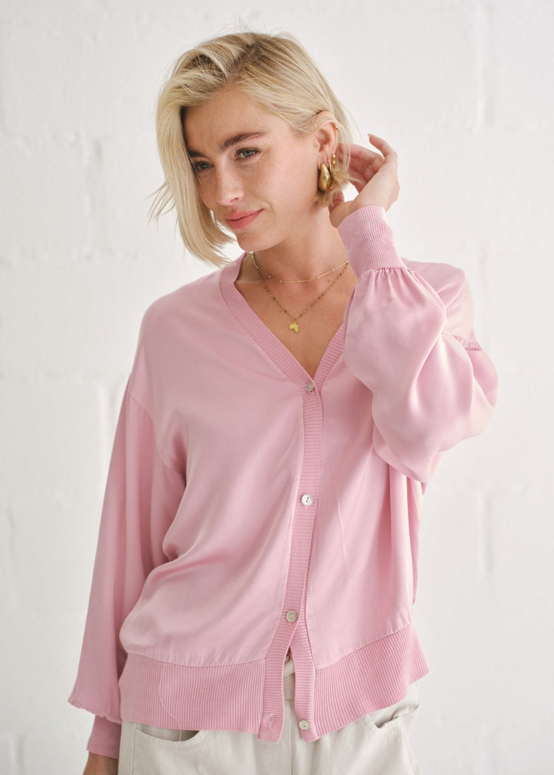 View our Italian Satin Cardigan In Baby Pink - by Tribute Store