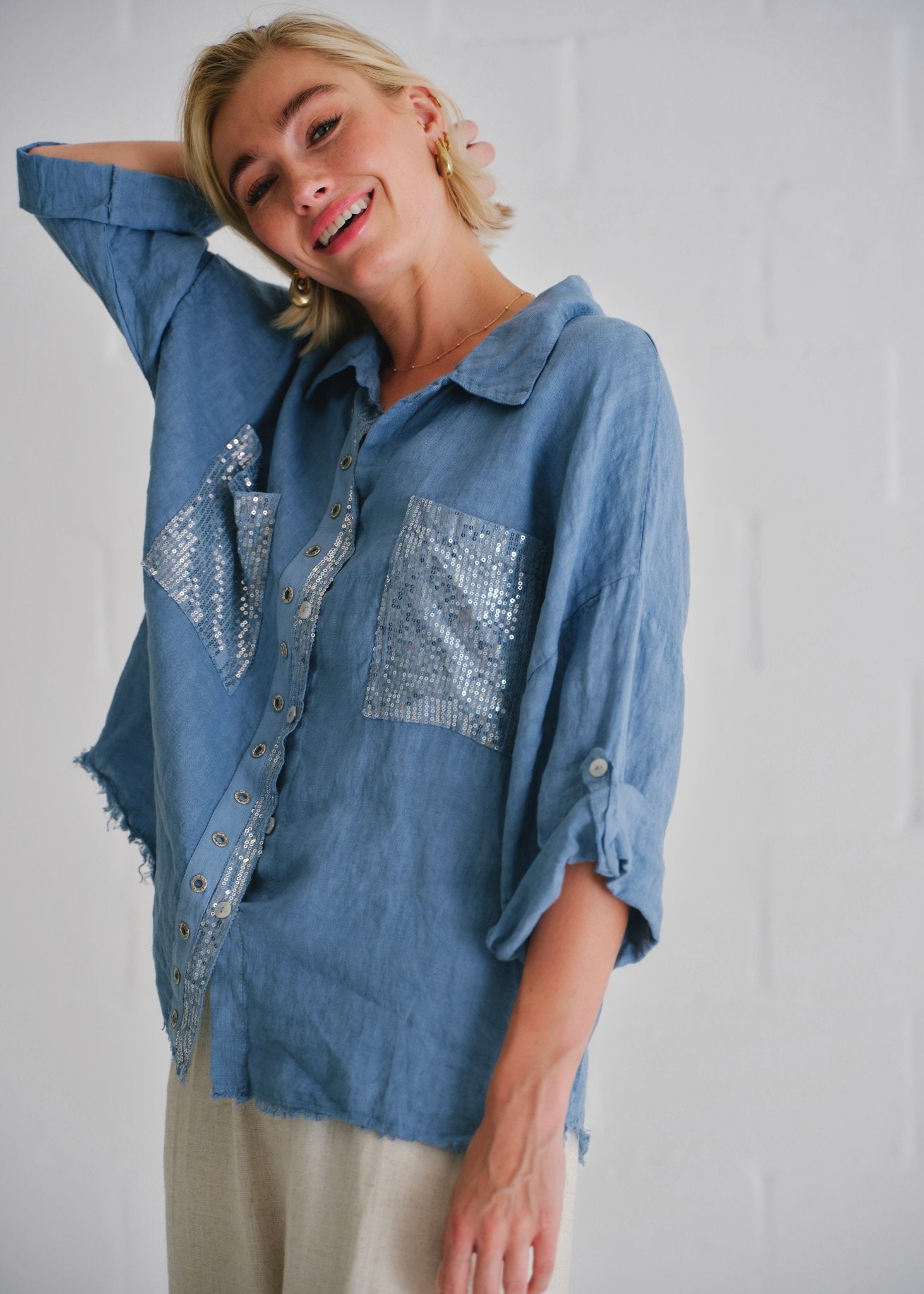 View our Italian Sequin Pocket Shirt In Denim - by Tribute Store