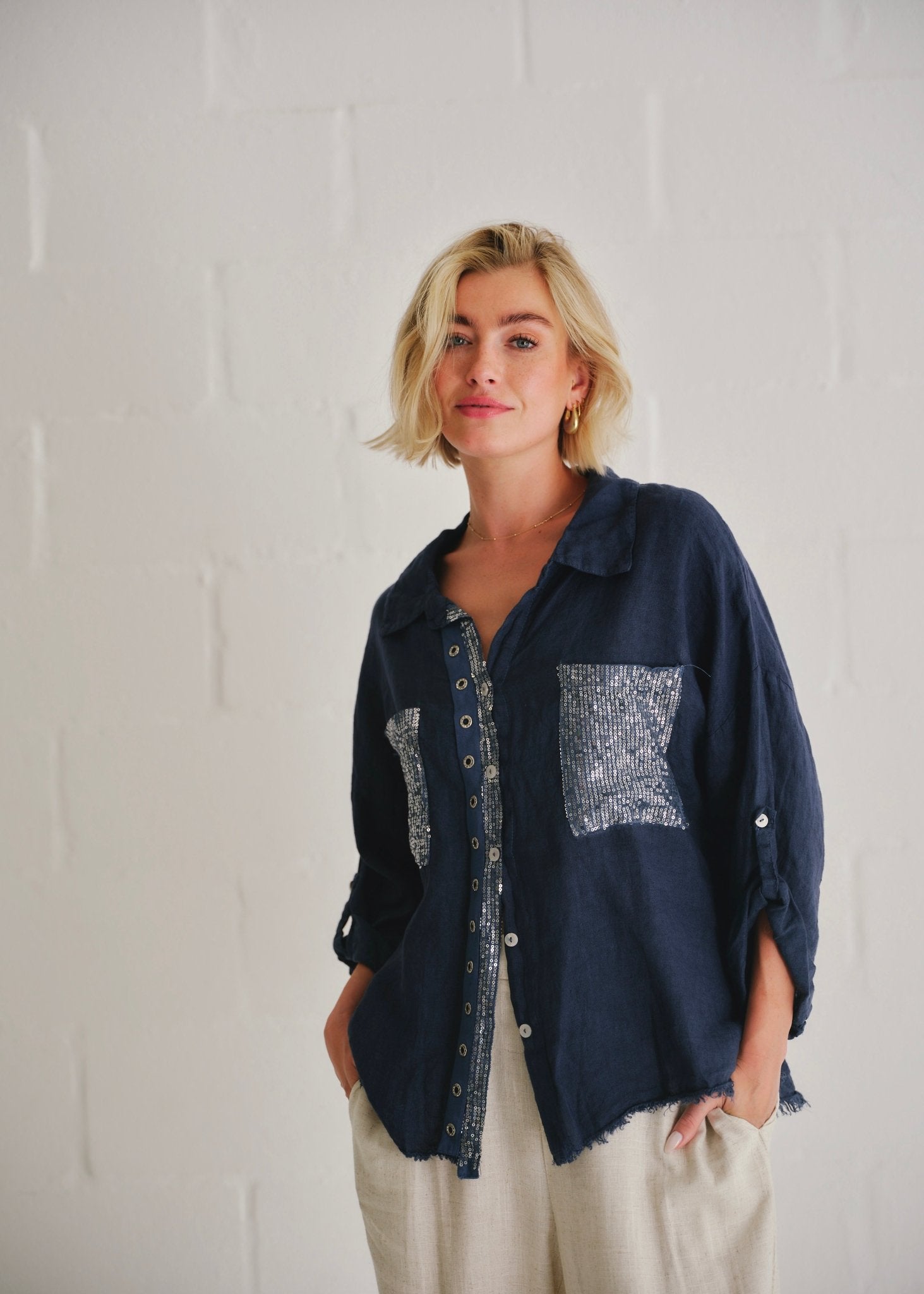 View our Italian Sequin Pocket Shirt In Navy - by Tribute Store