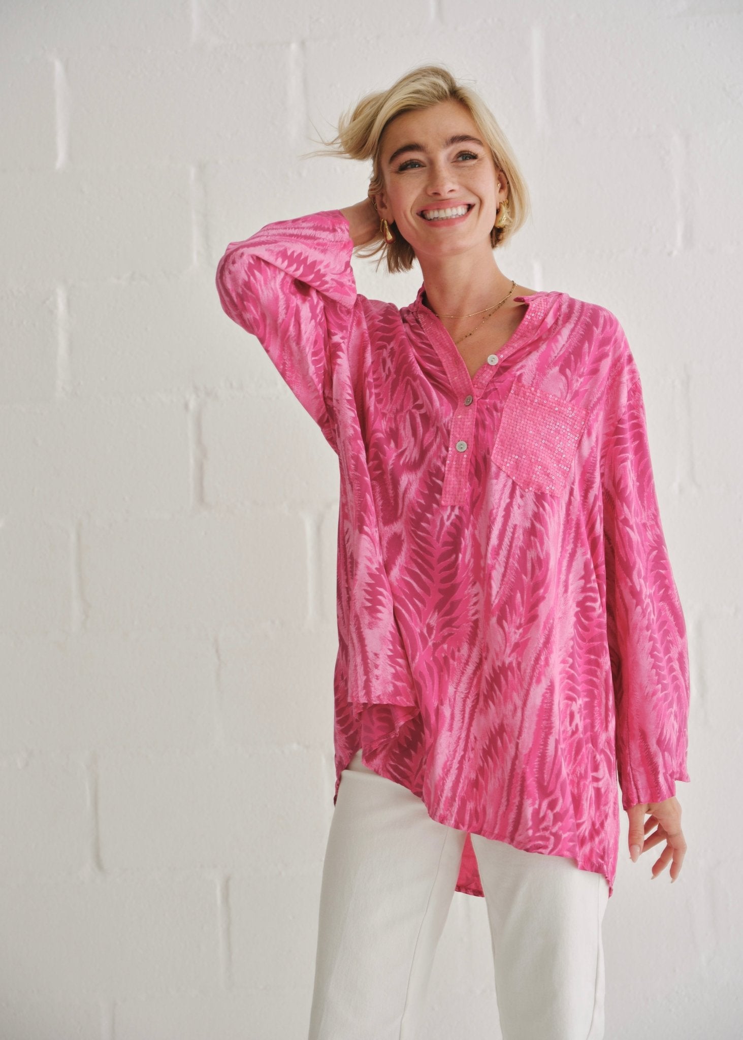 View our Italian Sequin Pocket Shirt In Pink Waves - by Tribute Store