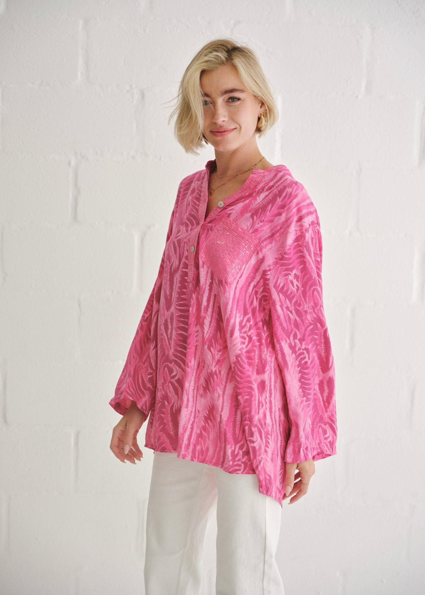 View our Italian Sequin Pocket Shirt In Pink Waves - by Tribute Store