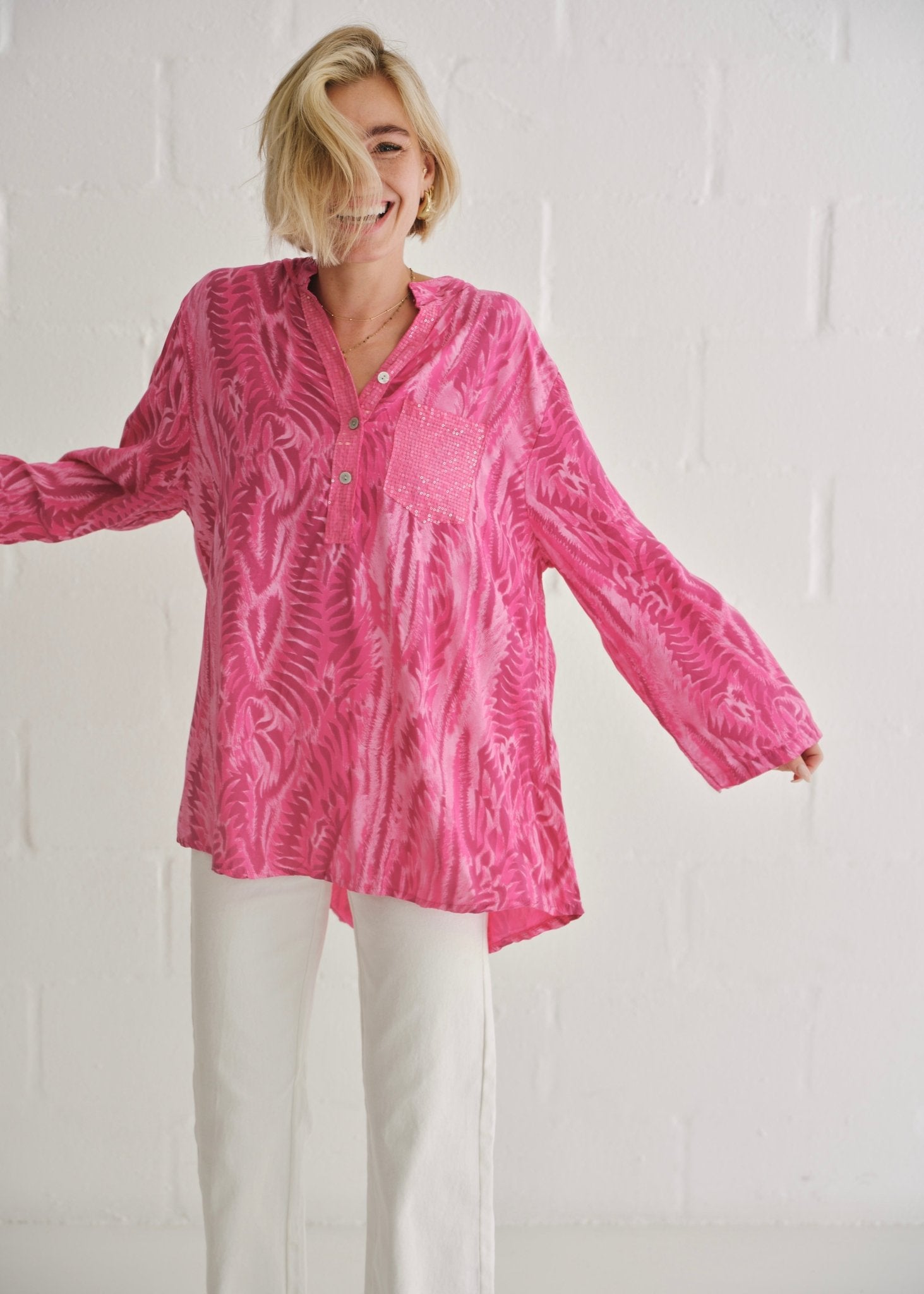 View our Italian Sequin Pocket Shirt In Pink Waves - by Tribute Store