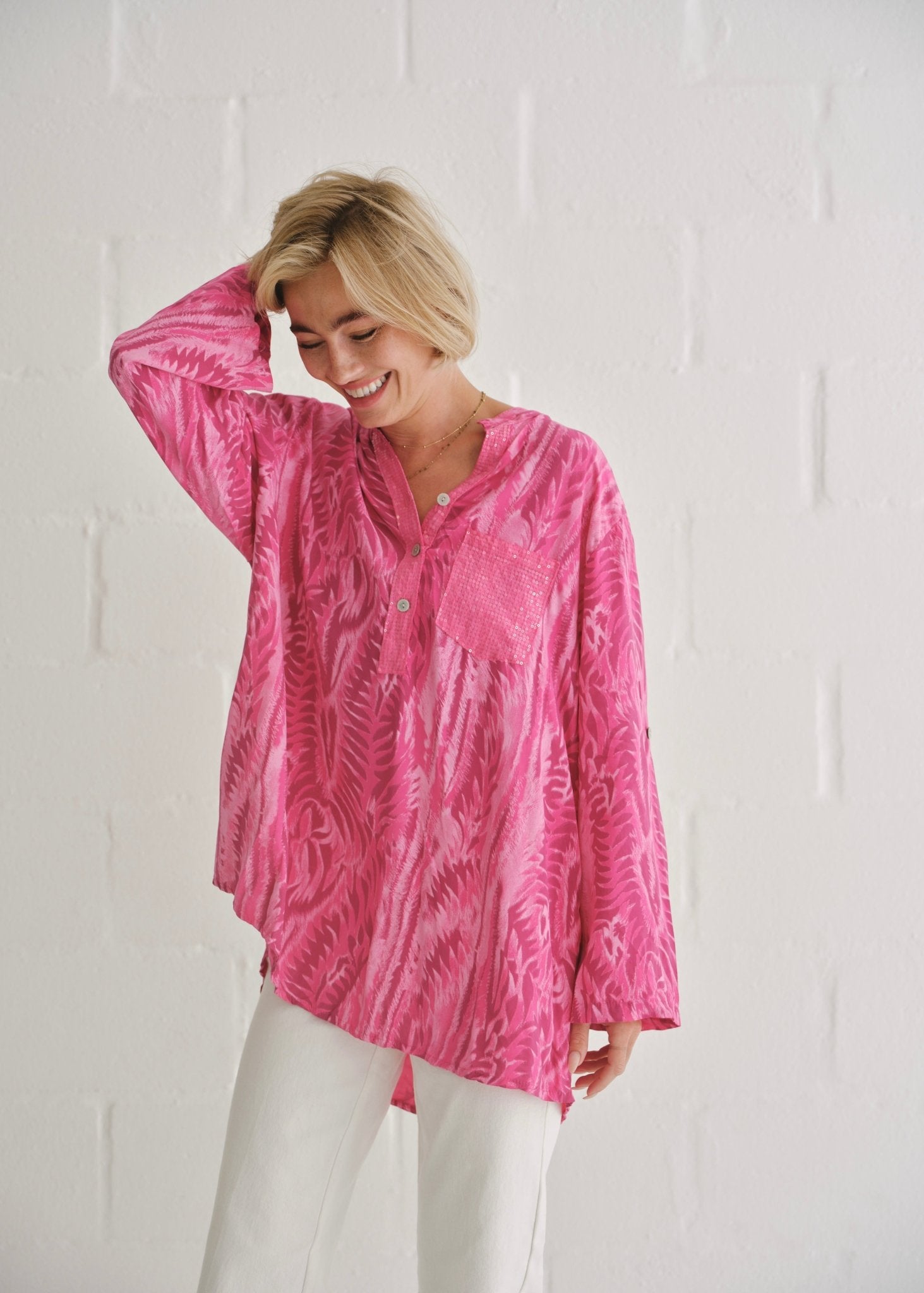 View our Italian Sequin Pocket Shirt In Pink Waves - by Tribute Store