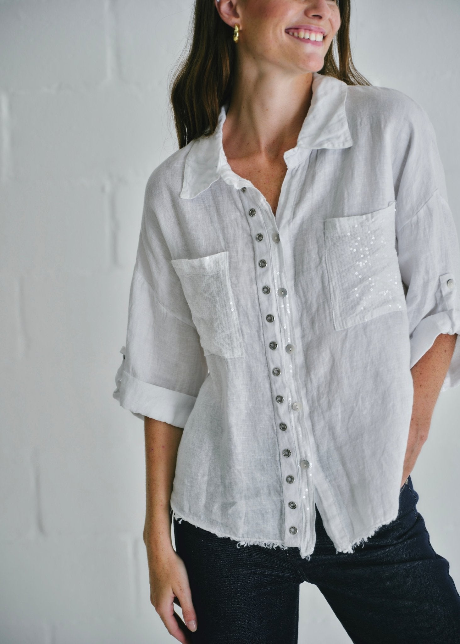 View our Italian Sequin Pocket Shirt In White - by Tribute Store