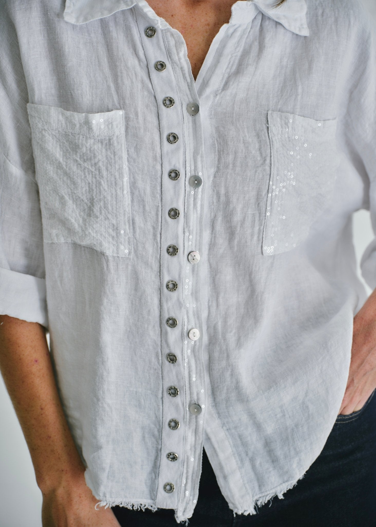 View our Italian Sequin Pocket Shirt In White - by Tribute Store