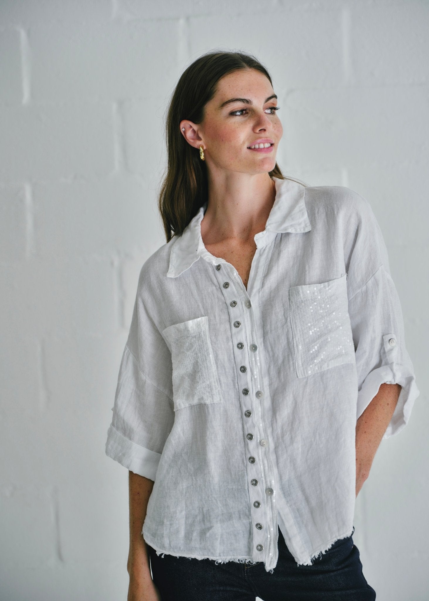 View our Italian Sequin Pocket Shirt In White - by Tribute Store