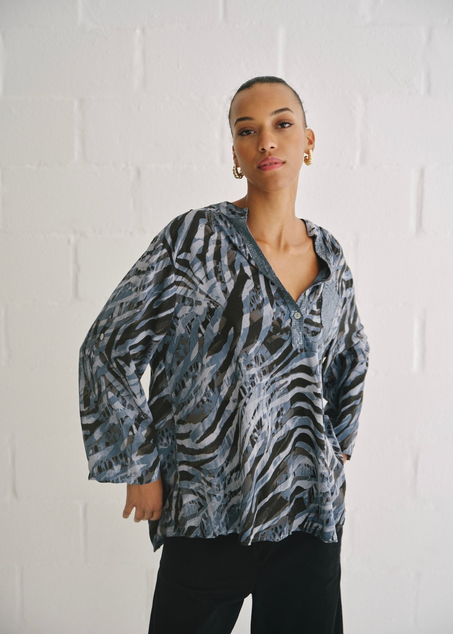 View our Italian Sequin Pocket Shirt With Animal Print In Blue - by Tribute Store