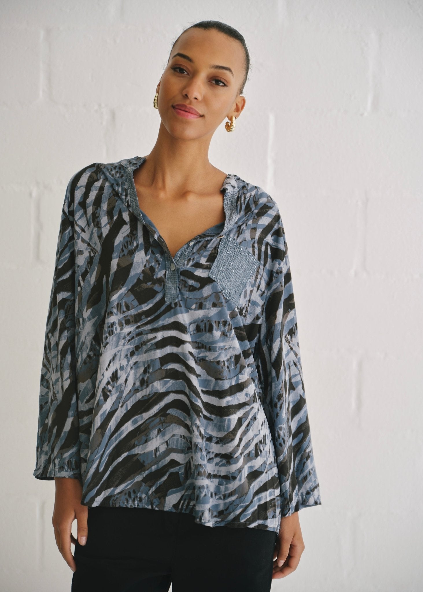 View our Italian Sequin Pocket Shirt With Animal Print In Blue - by Tribute Store