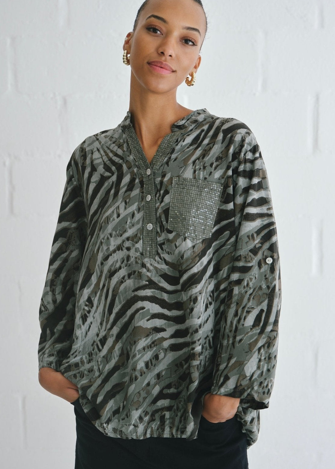 View our Italian Sequin Pocket Shirt With Animal Print In Khaki - by Tribute Store