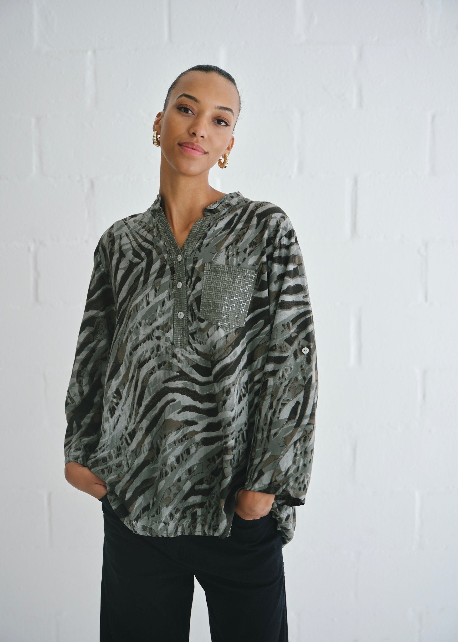 View our Italian Sequin Pocket Shirt With Animal Print In Khaki - by Tribute Store
