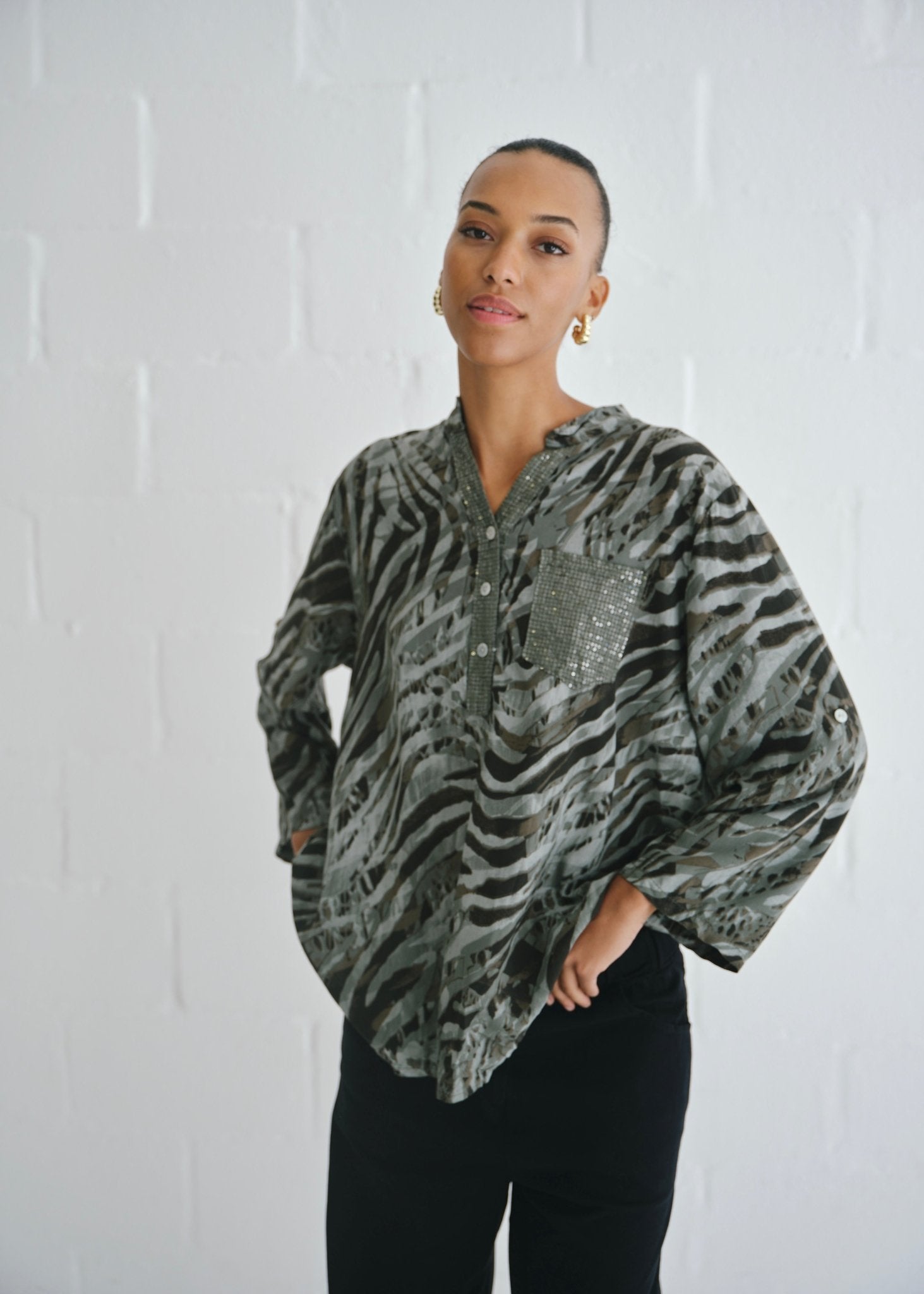 View our Italian Sequin Pocket Shirt With Animal Print In Khaki - by Tribute Store