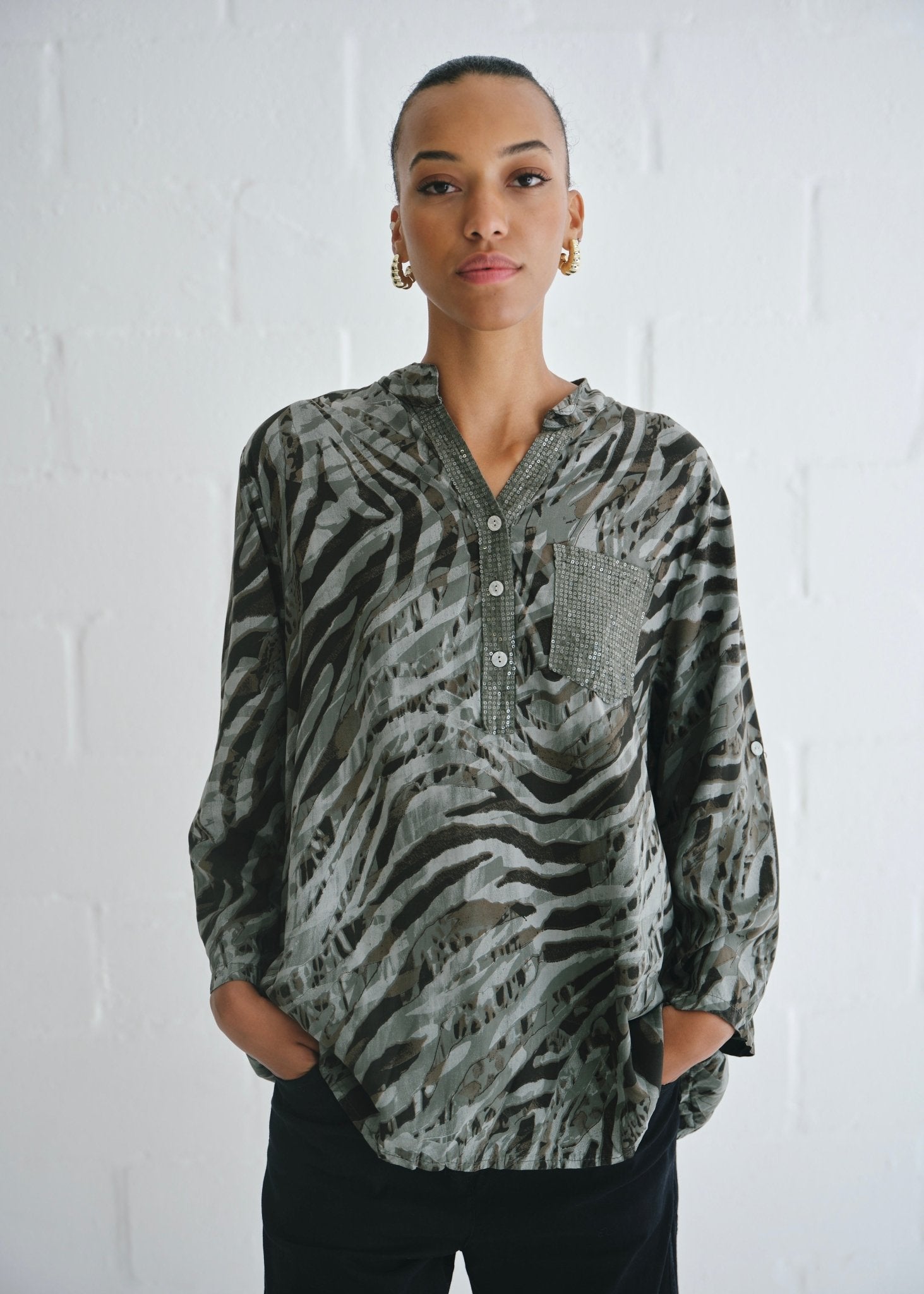 View our Italian Sequin Pocket Shirt With Animal Print In Khaki - by Tribute Store