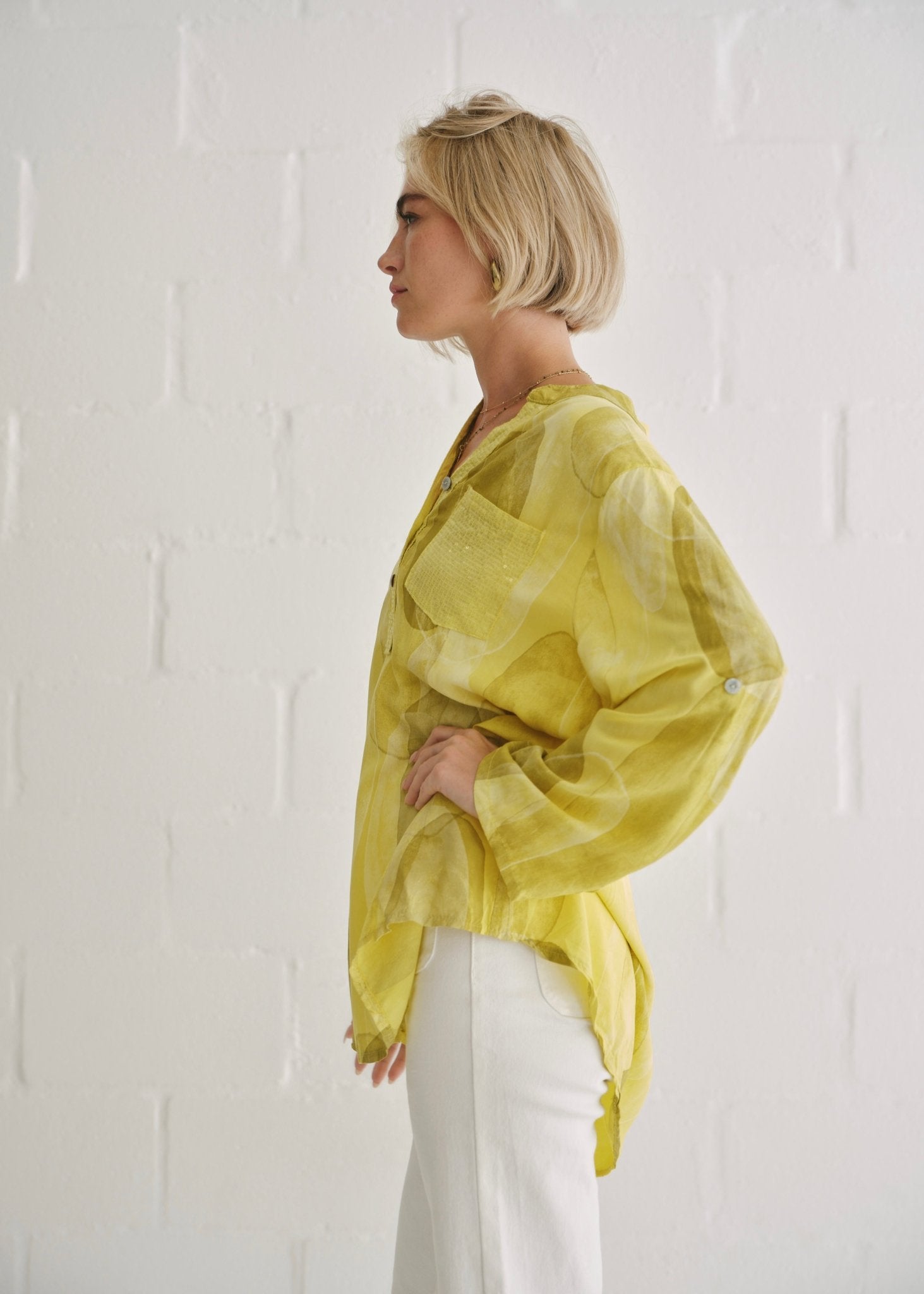 View our Italian Sequin Pocket Shirt With Circle Print In Yellow - by Tribute Store