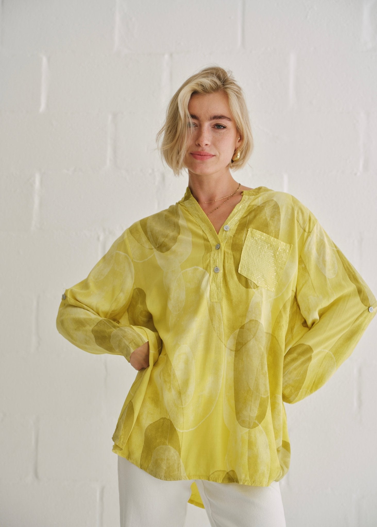 View our Italian Sequin Pocket Shirt With Circle Print In Yellow - by Tribute Store