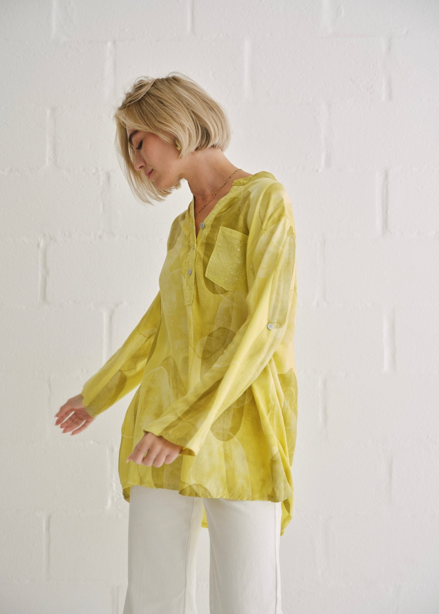 View our Italian Sequin Pocket Shirt With Circle Print In Yellow - by Tribute Store