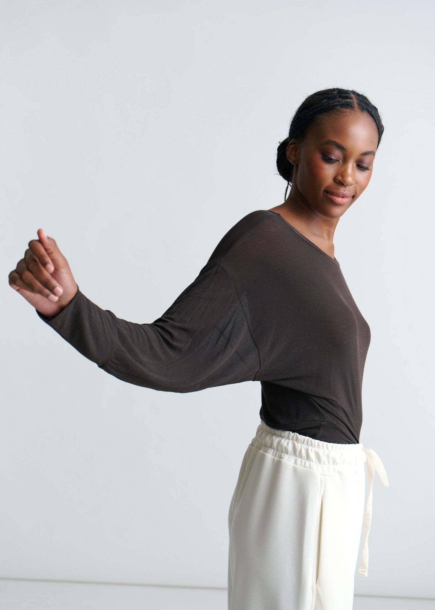 View our Italian Sheer Drape Dolman Top In Chocolate - by Tribute Store