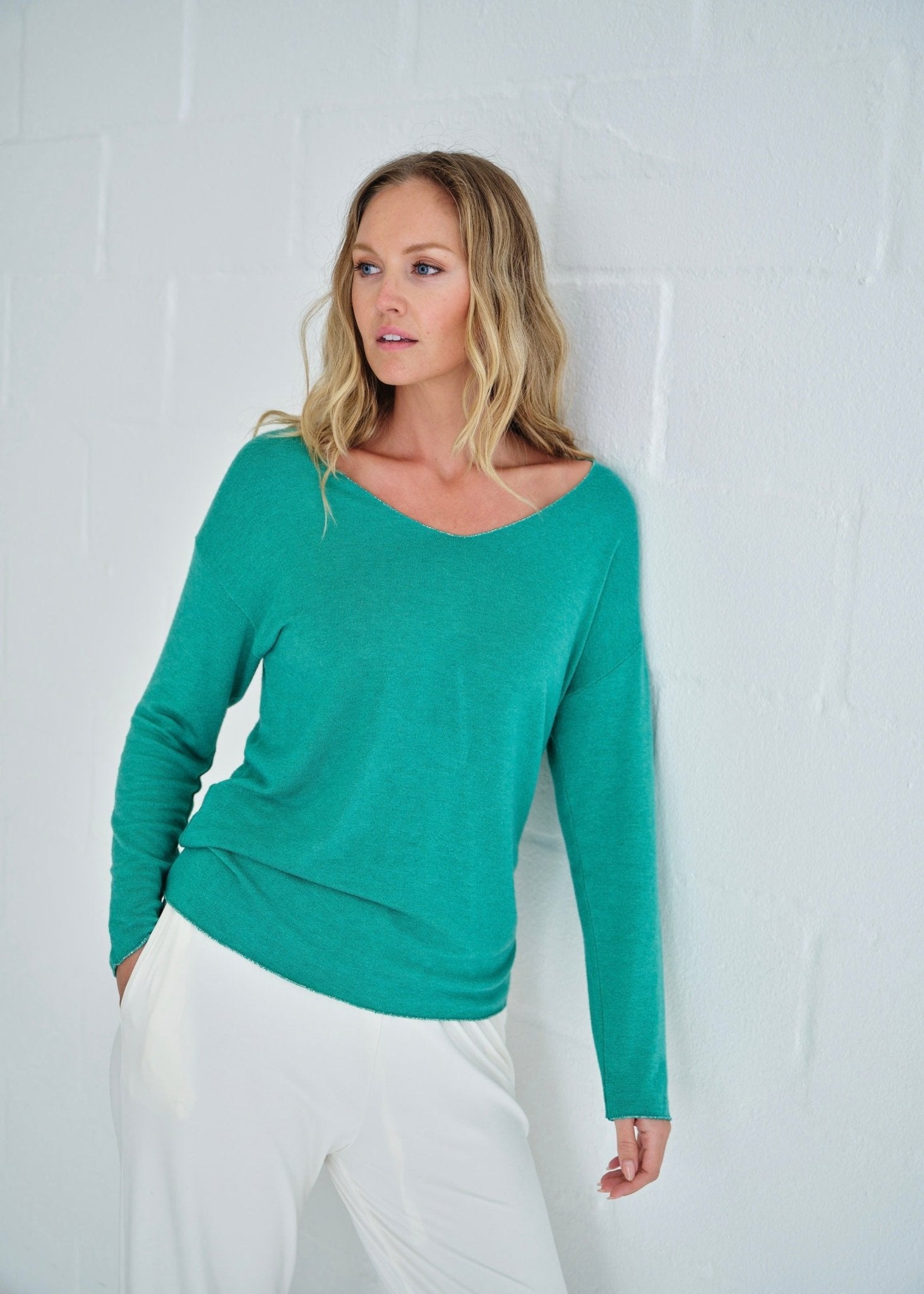 View our Italian Shimmer Edged V Neck Knit In Aqua Teal - by Tribute Store