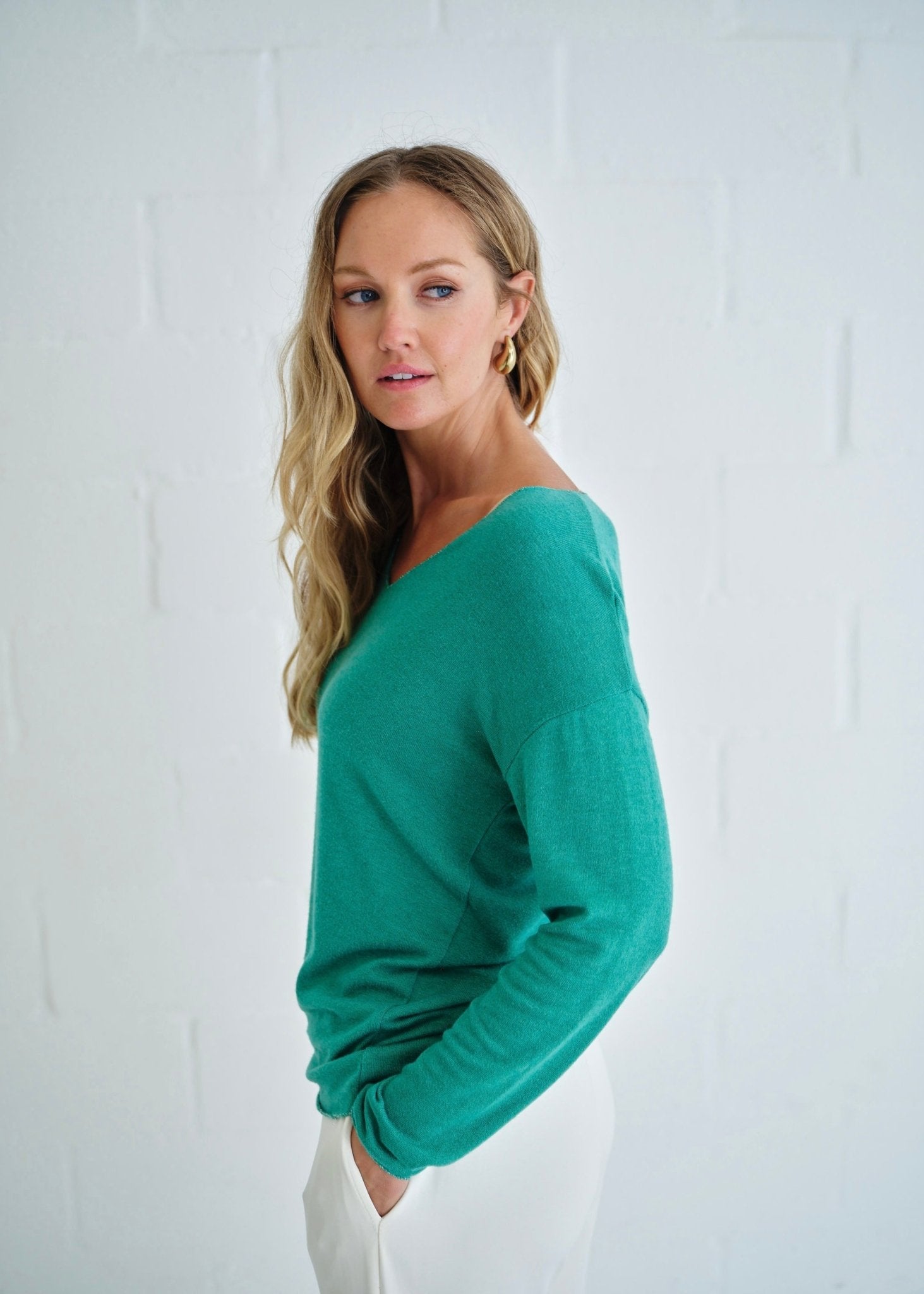 View our Italian Shimmer Edged V Neck Knit In Aqua Teal - by Tribute Store