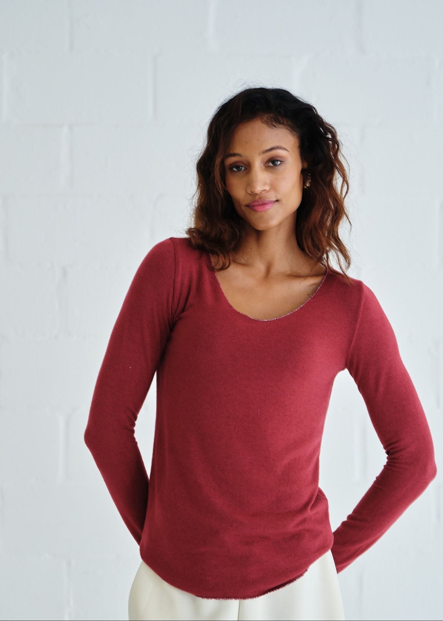 View our Italian Shimmer Edged V Neck Knit In Burgundy - by Tribute Store