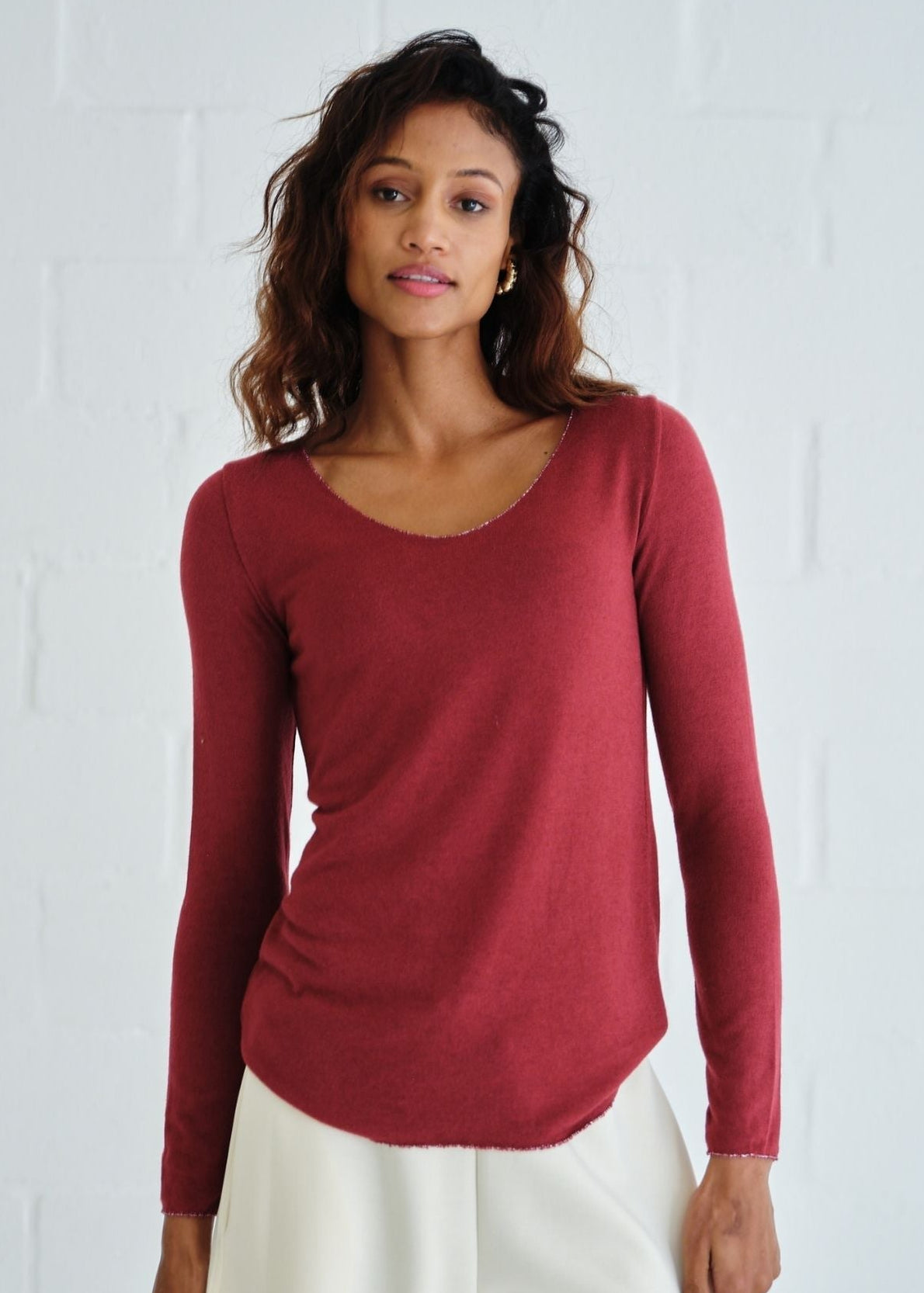 View our Italian Shimmer Edged V Neck Knit In Burgundy - by Tribute Store