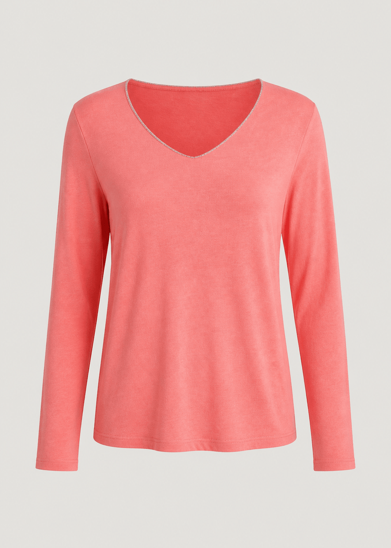 View our Italian Shimmer Edged V Neck Knit In Coral - by Tribute Store