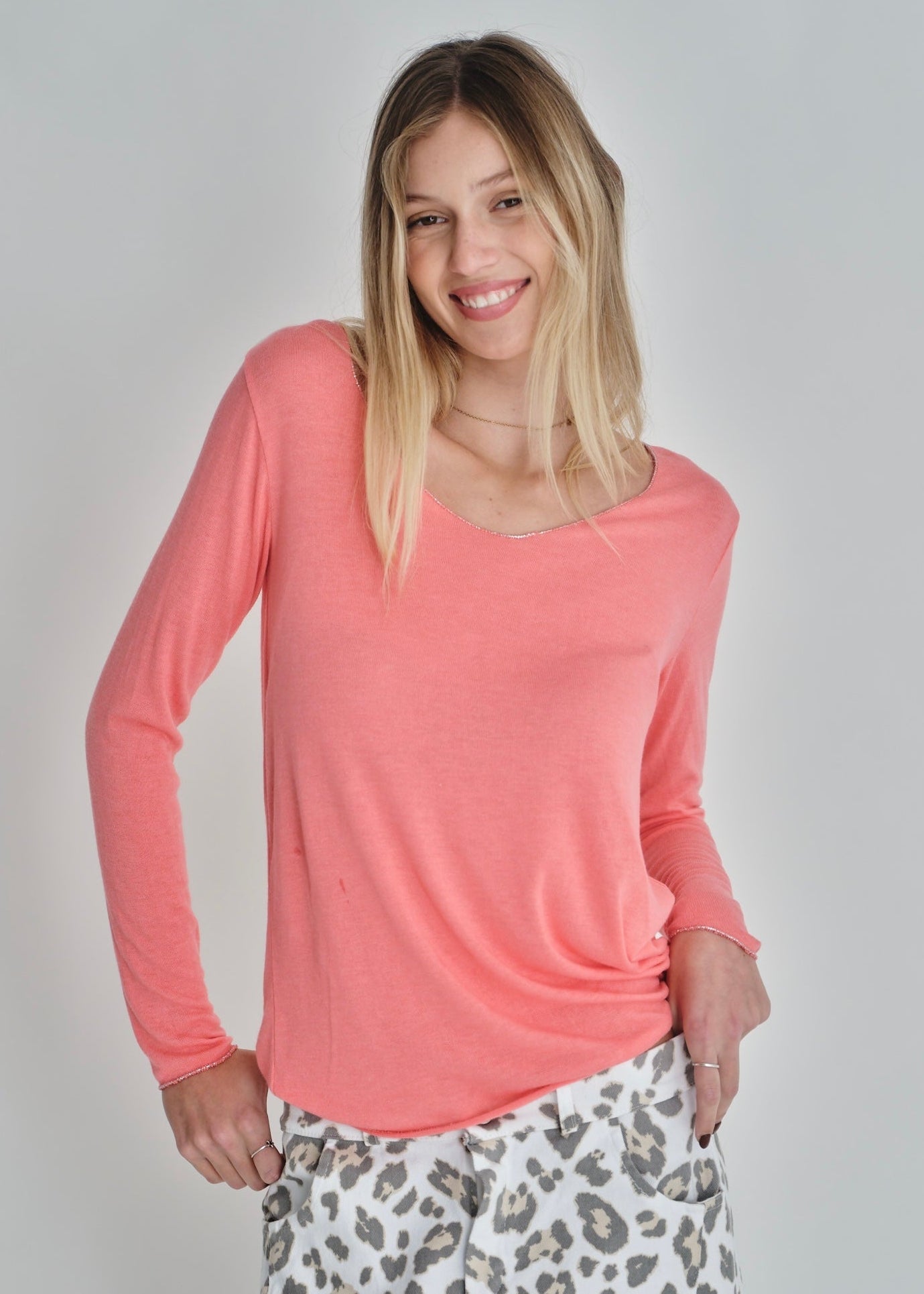 View our Italian Shimmer Edged V Neck Knit In Coral - by Tribute Store