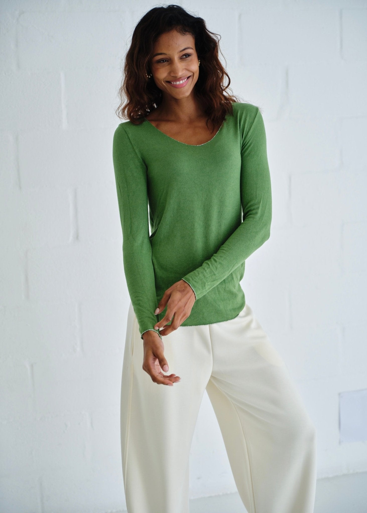 View our Italian Shimmer Edged V Neck Knit In Dark Green - by Tribute Store