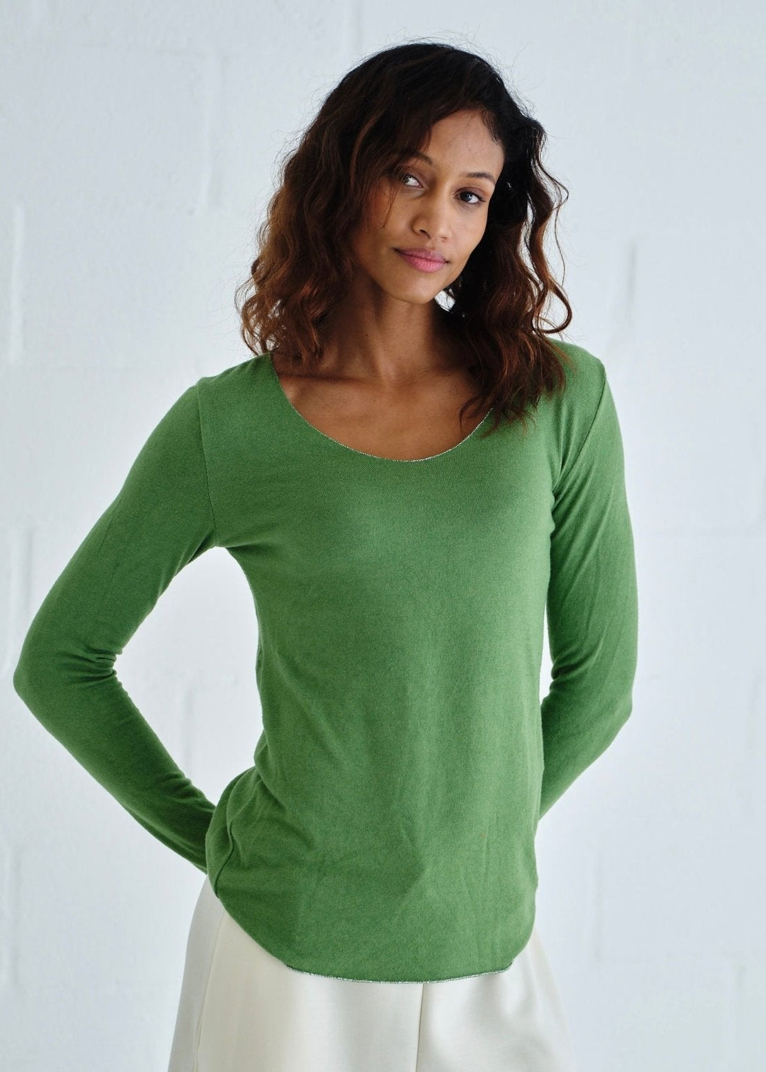 View our Italian Shimmer Edged V Neck Knit In Dark Green - by Tribute Store